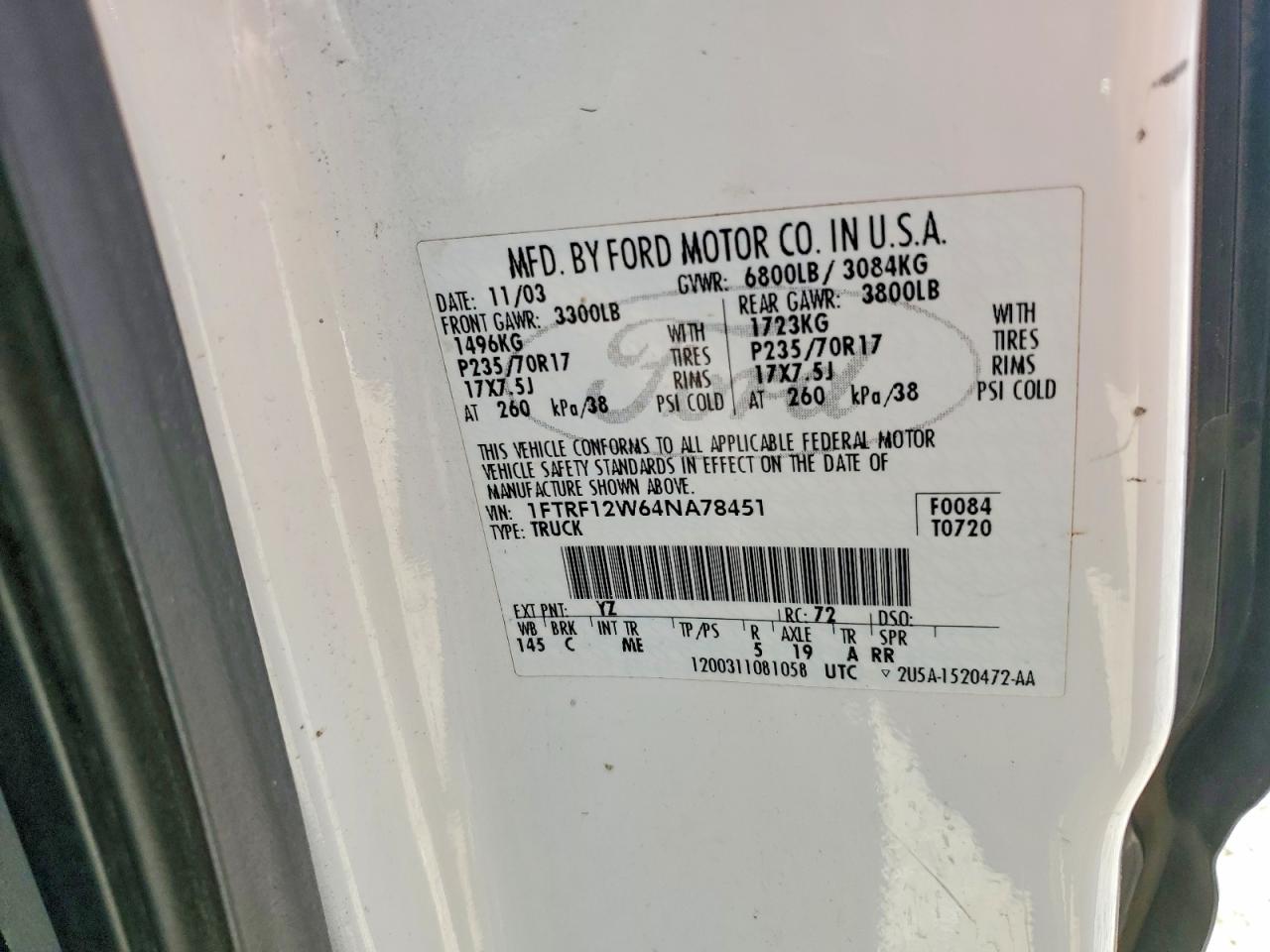 2004 Ford F150 White vin: 1FTRF12W64NA78451