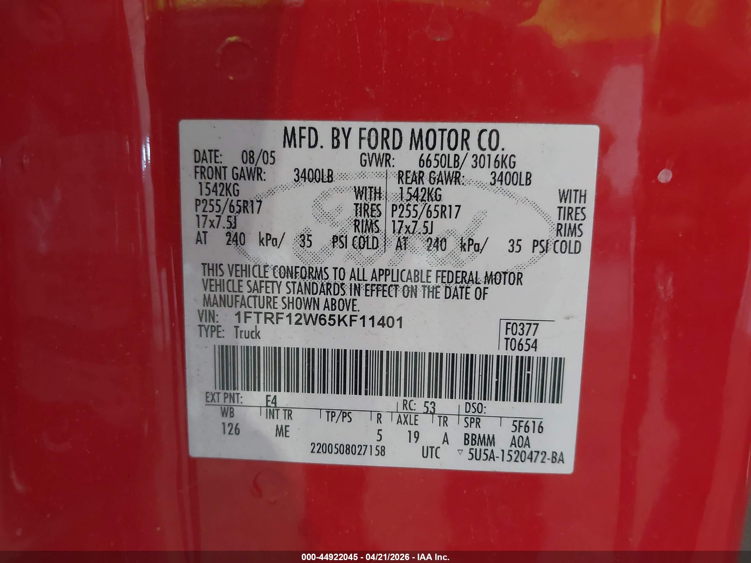 2005 Ford F-150 Stx/xl/xlt Red vin: 1FTRF12W65KF11401