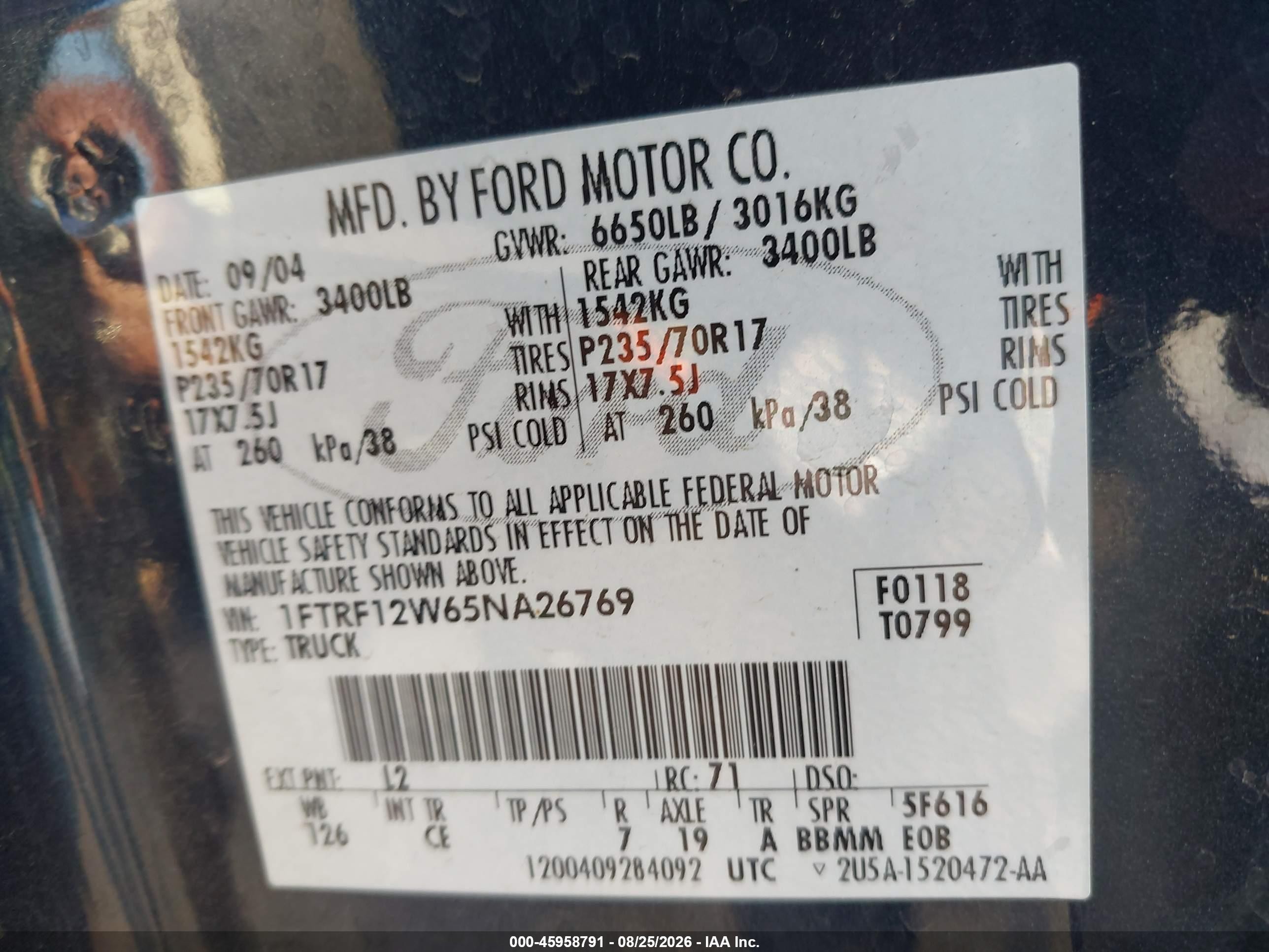 2005 Ford F-150 Stx/xl/xlt Dark Blue vin: 1FTRF12W65NA26769