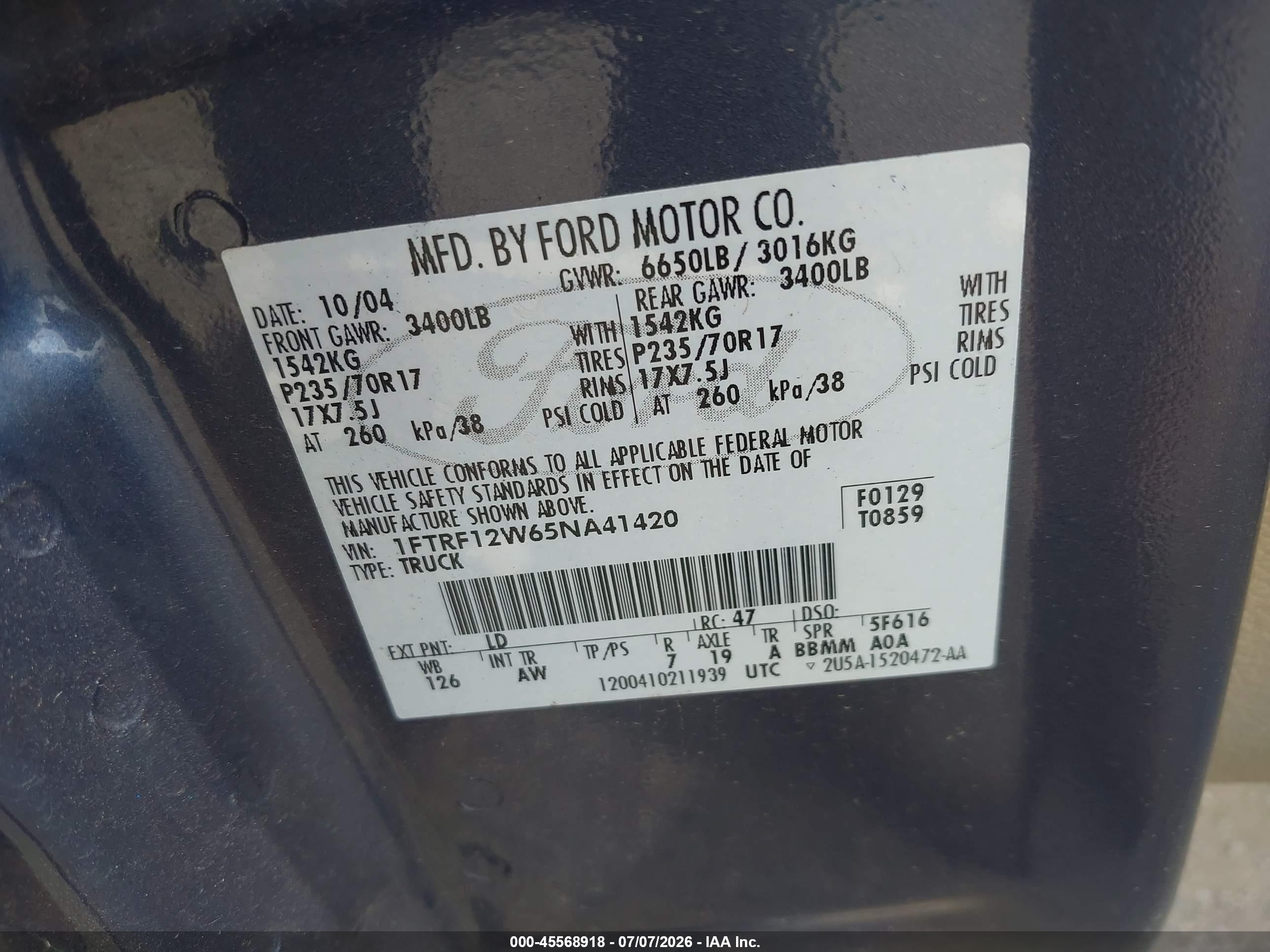 2005 Ford F-150 Stx/xl/xlt Синий vin: 1FTRF12W65NA41420