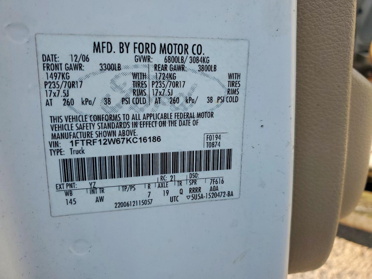 2007 Ford F150 White vin: 1FTRF12W67KC16186