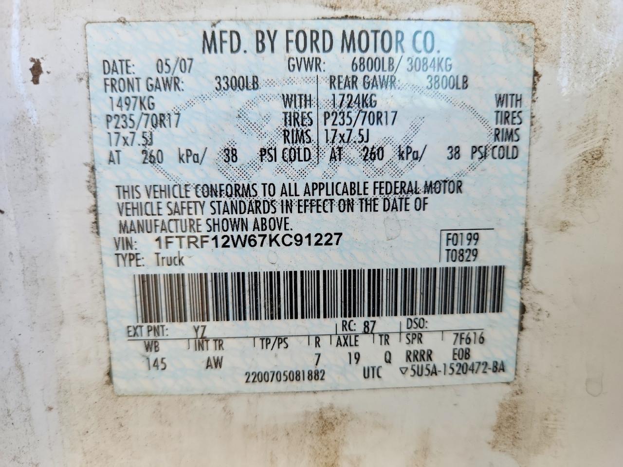 2007 Ford F150 White vin: 1FTRF12W67KC91227