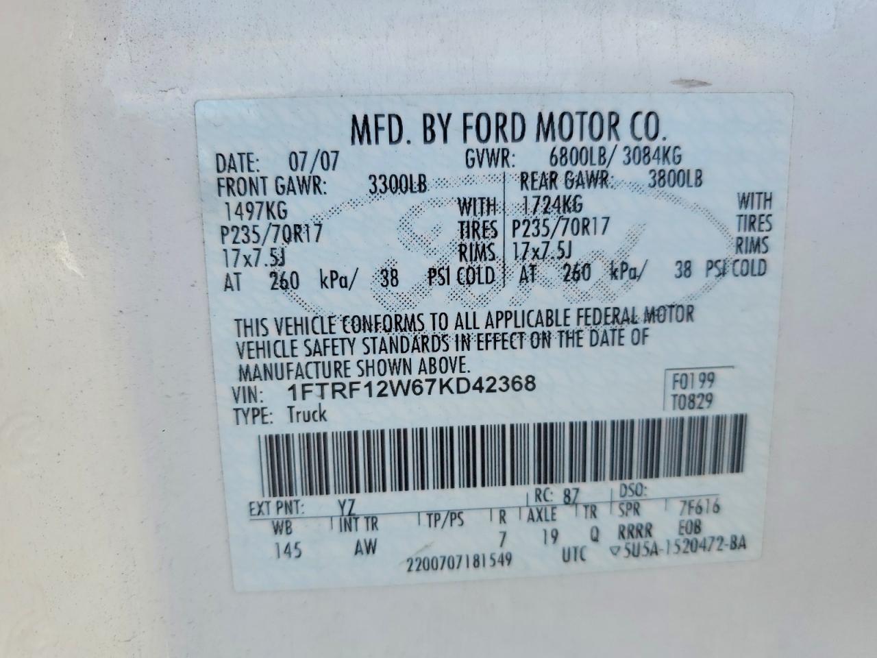 2007 Ford F150 White vin: 1FTRF12W67KD42368