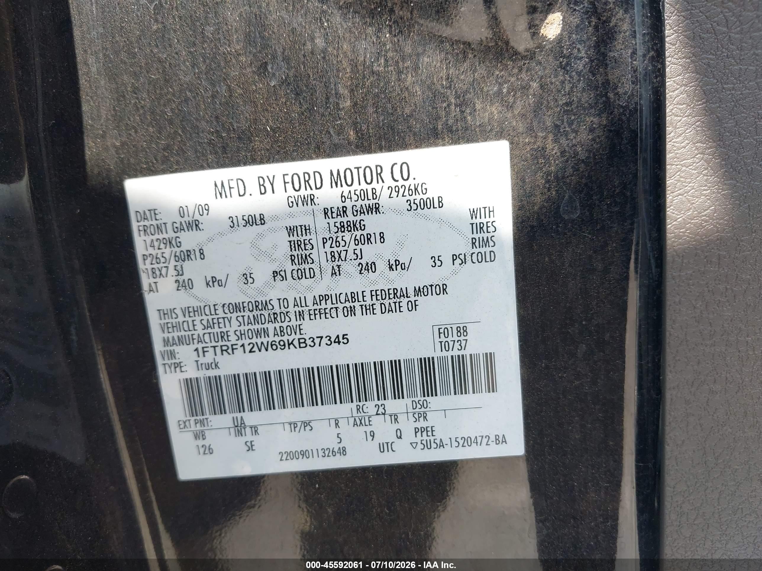 2009 Ford F-150 Stx/xl/xl W/midbox Prep/xlt/xlt W/midbox Prep Black vin: 1FTRF12W69KB37345