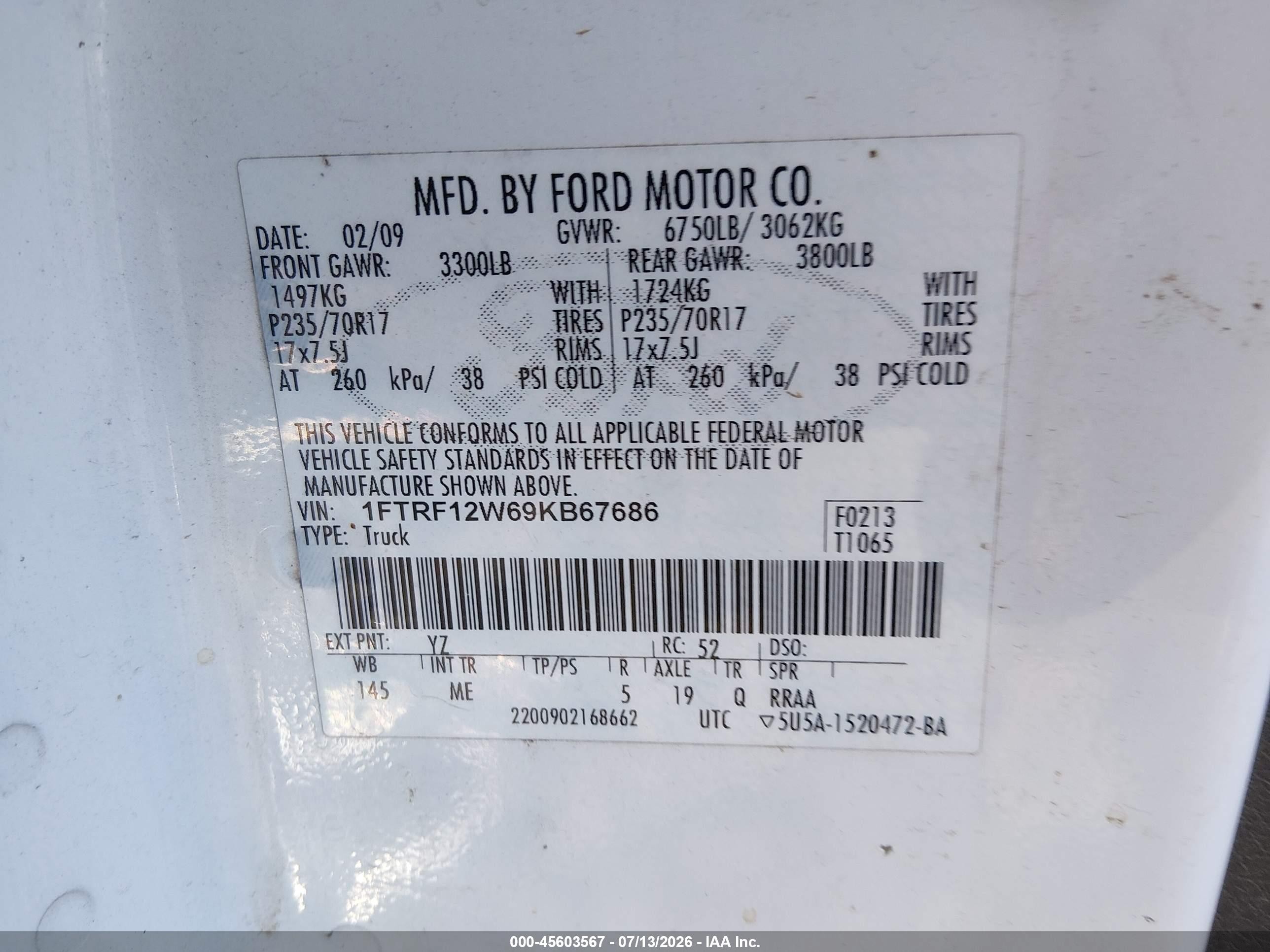 2009 Ford F-150 Stx/xl/xl W/midbox Prep/xlt/xlt W/midbox Prep White vin: 1FTRF12W69KB67686