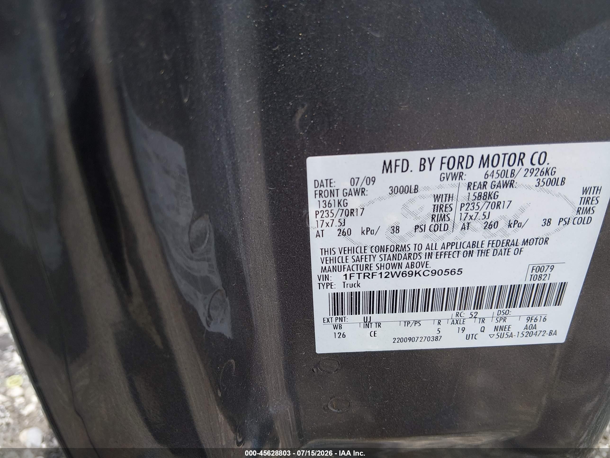 2009 Ford F-150 Stx/xl/xl W/midbox Prep/xlt/xlt W/midbox Prep Черный vin: 1FTRF12W69KC90565