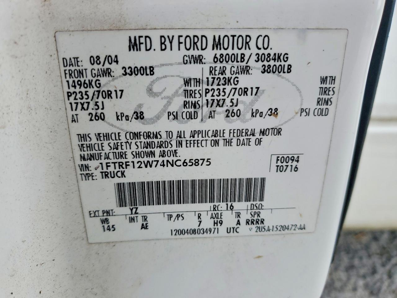 2004 Ford F150 White vin: 1FTRF12W74NC65875