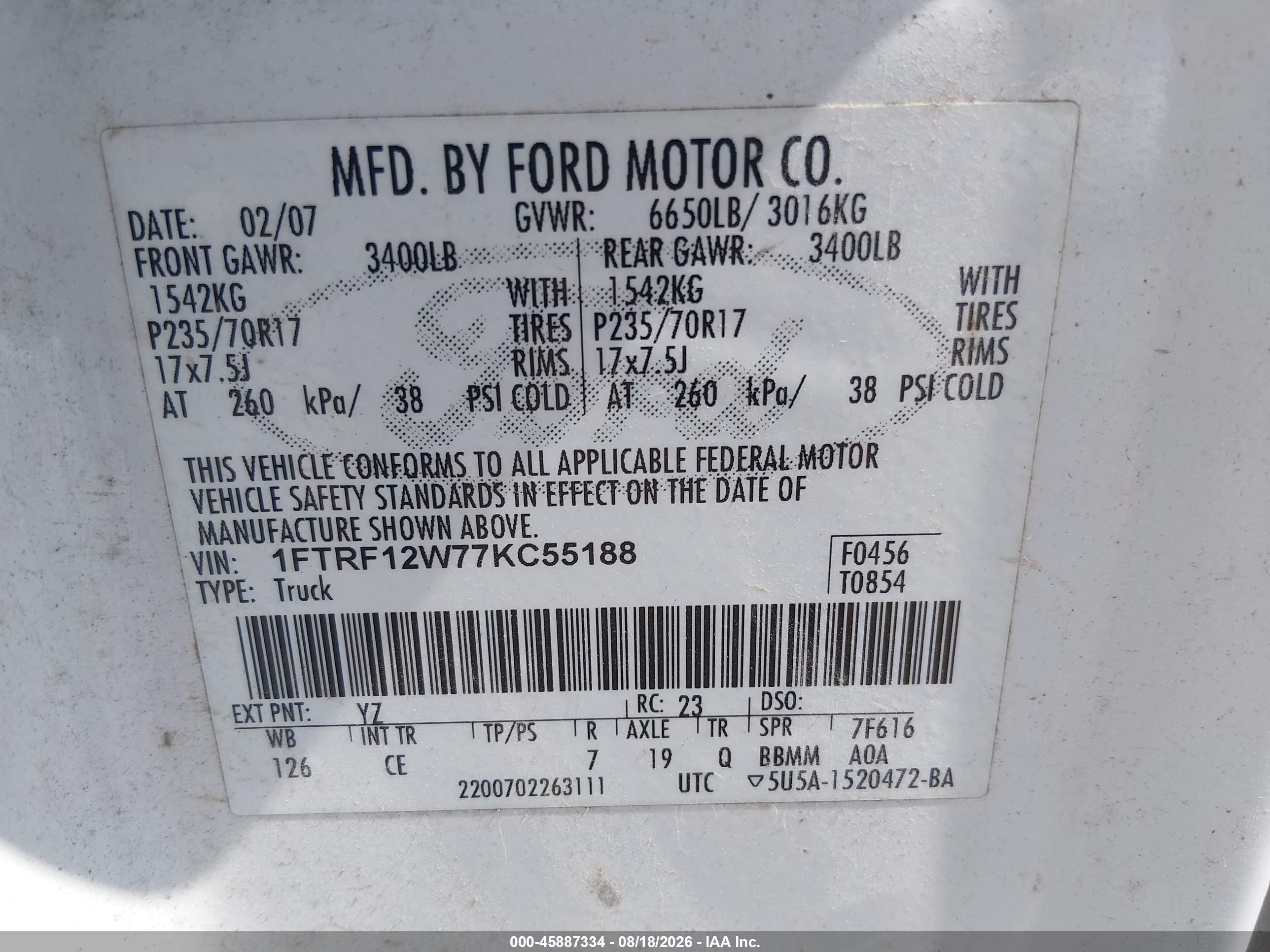 2007 Ford F-150 Stx/xl/xlt White vin: 1FTRF12W77KC55188