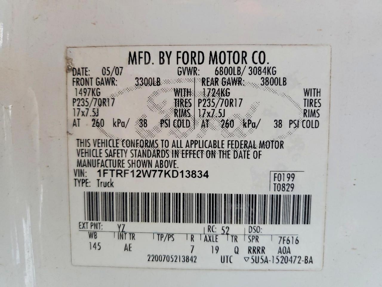 2007 Ford F-150 White vin: 1FTRF12W77KD13834