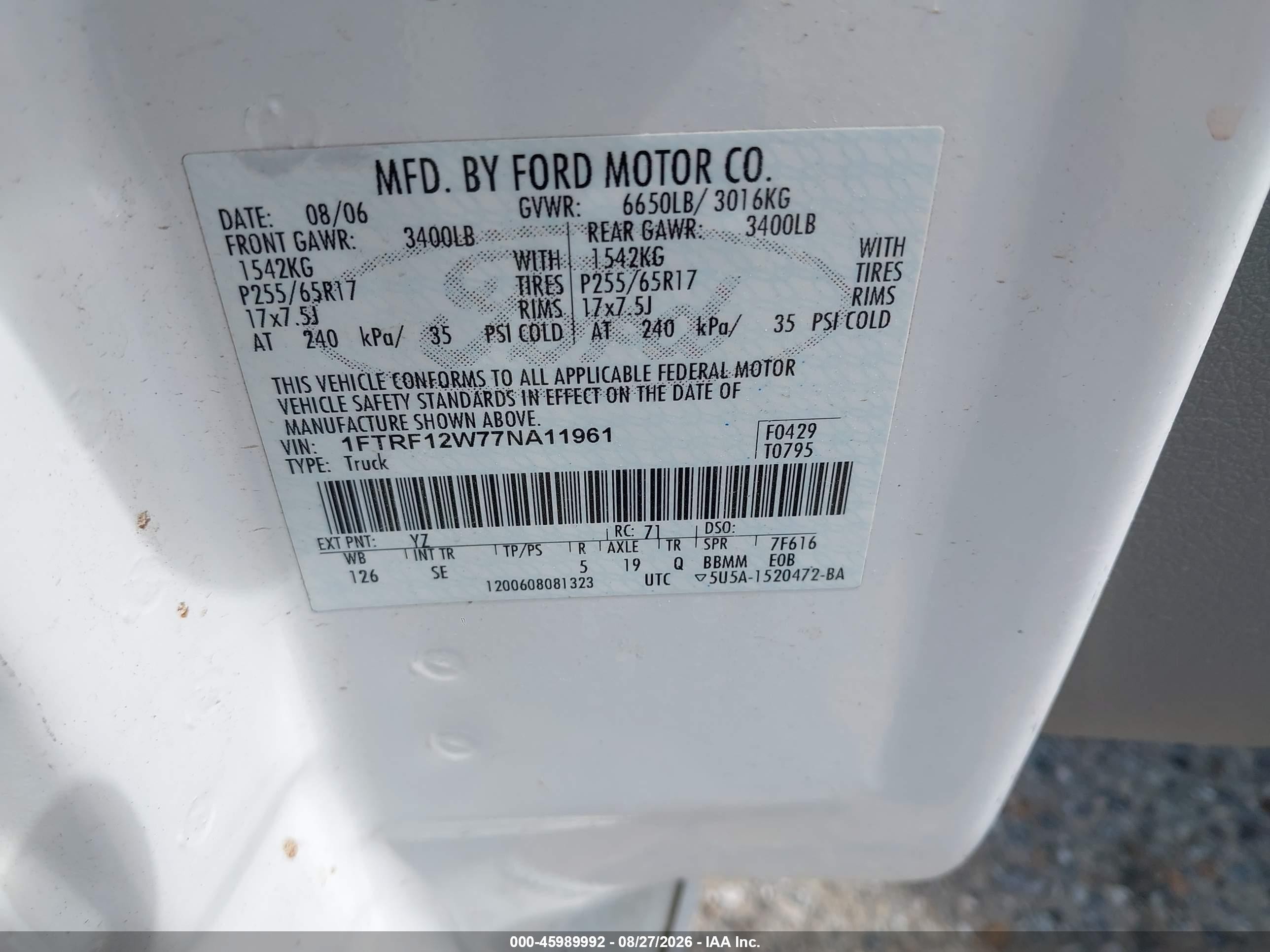 2007 Ford F-150 Stx/xl/xlt White vin: 1FTRF12W77NA11961