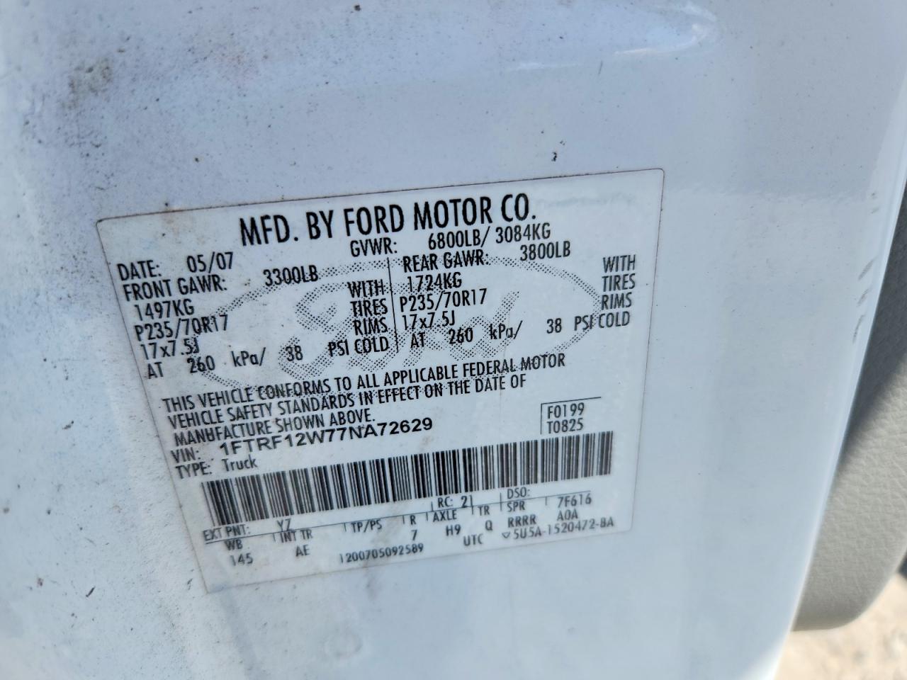 2007 Ford F150 White vin: 1FTRF12W77NA72629