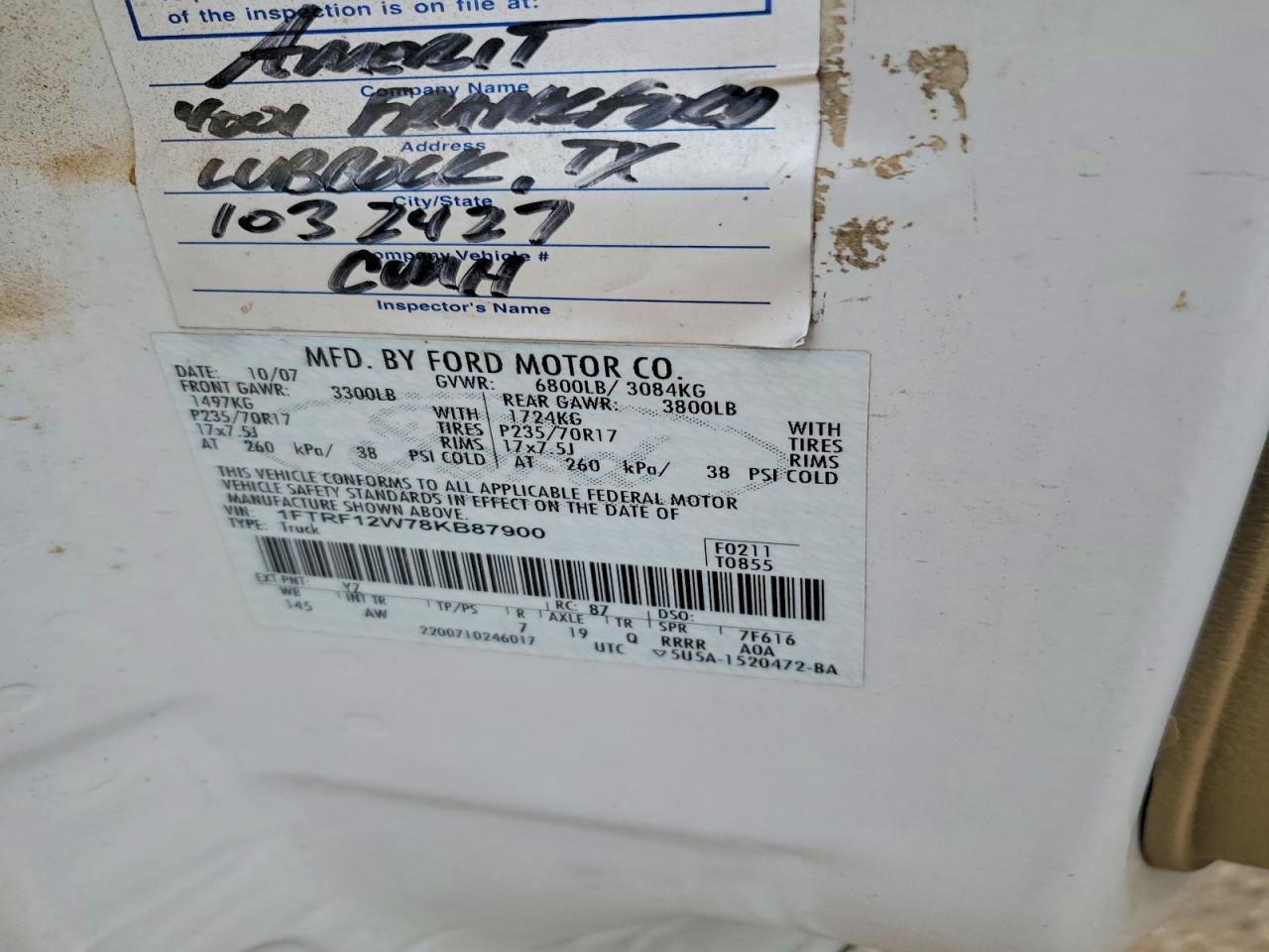 2008 Ford F150 White vin: 1FTRF12W78KB87900