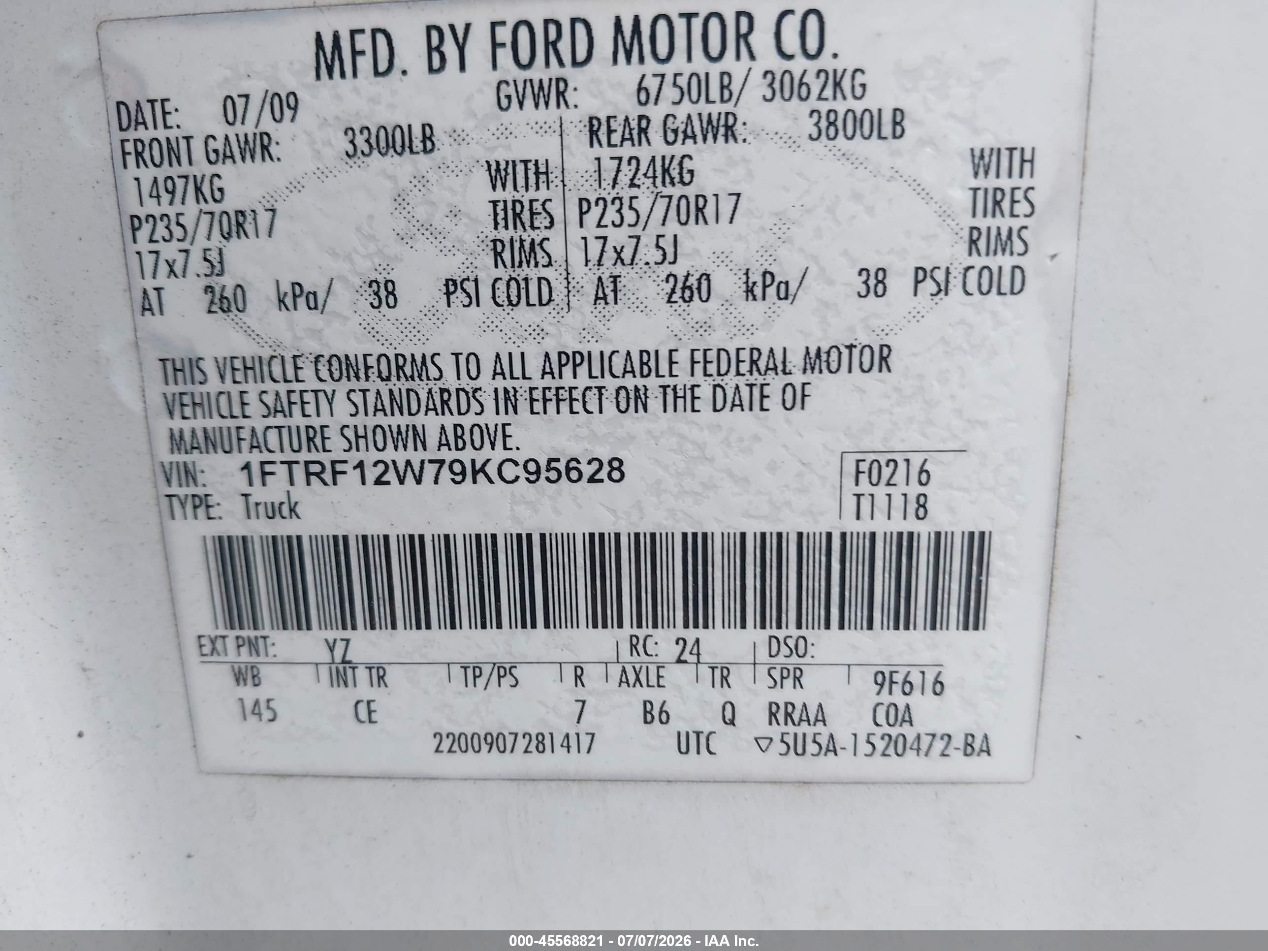 2009 Ford F-150 Stx/xl/xlt/xlt W/midbox Prep White vin: 1FTRF12W79KC95628