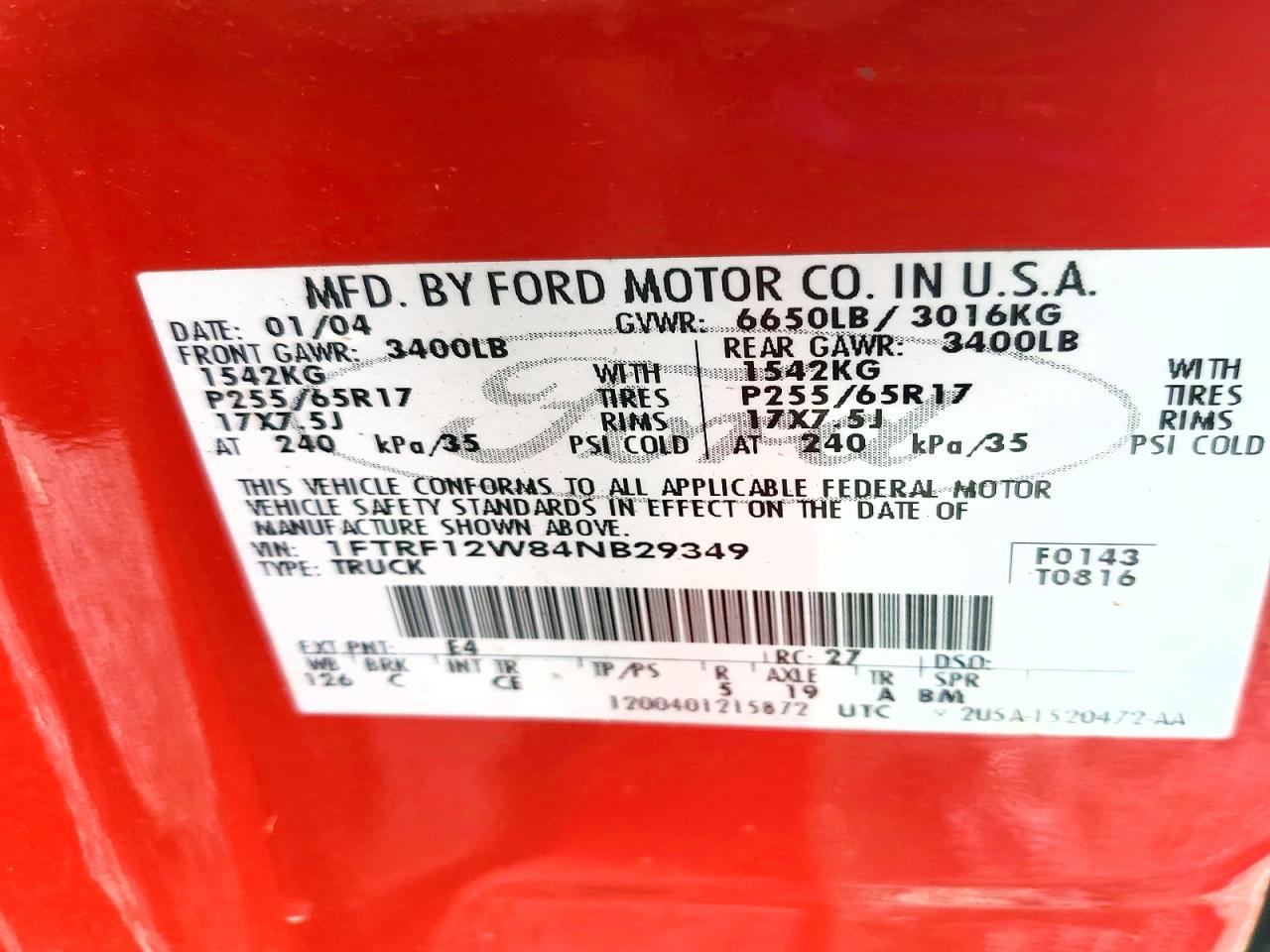 2004 Ford F150 Red vin: 1FTRF12W84NB29349