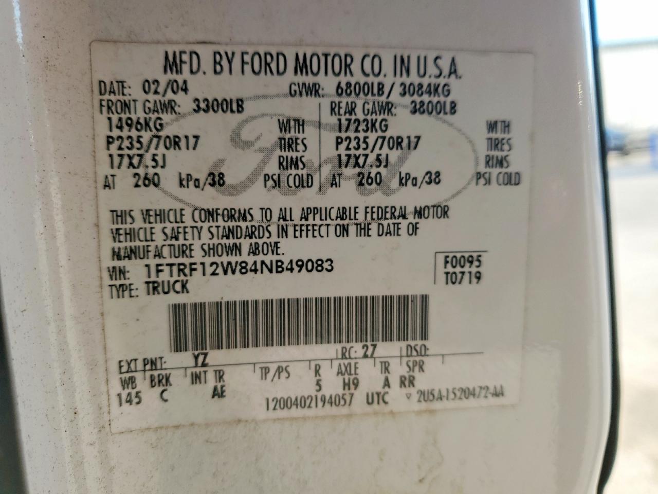 2004 Ford F150 White vin: 1FTRF12W84NB49083