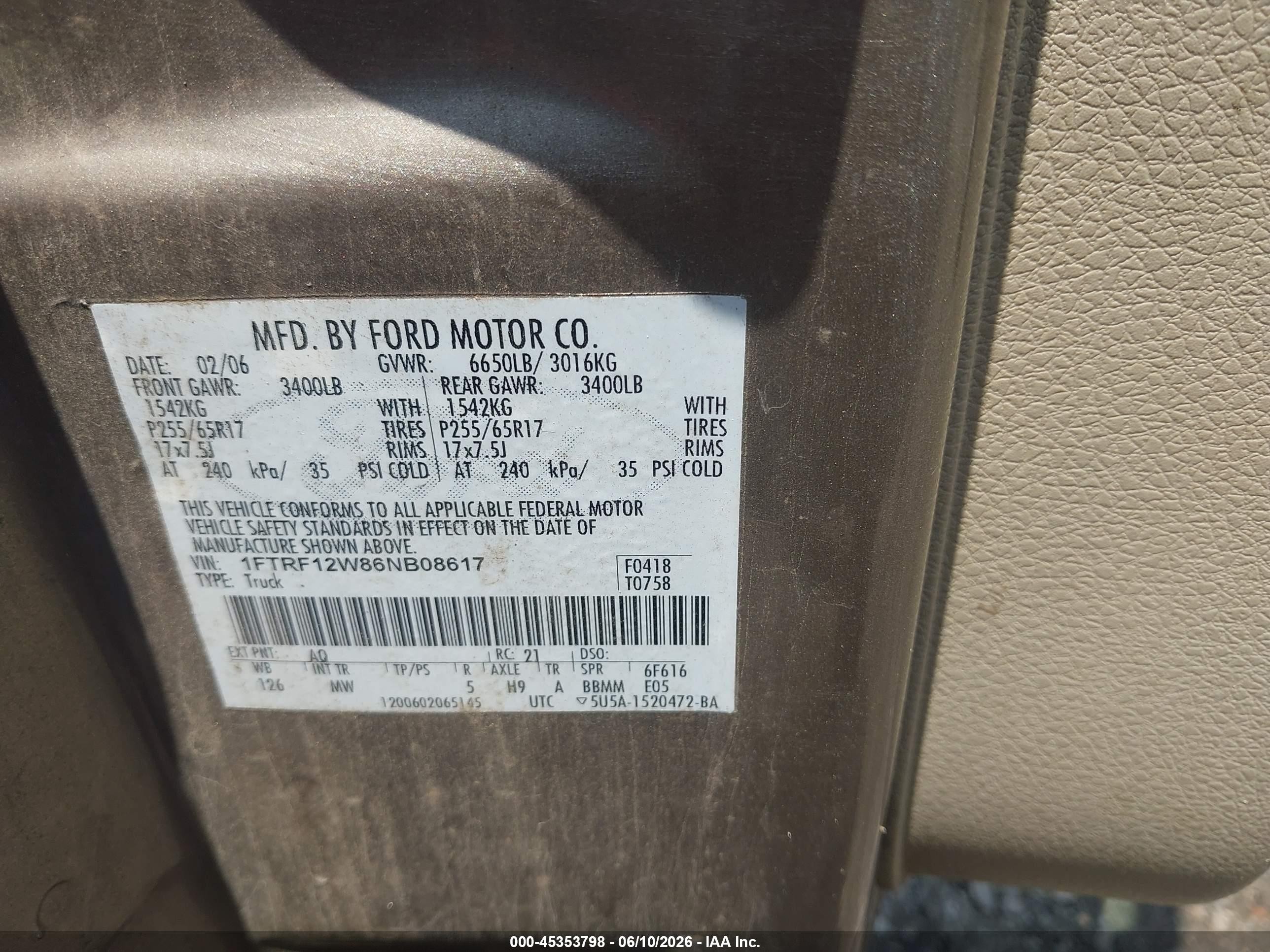 2006 Ford F-150 Stx/xl/xlt Gold vin: 1FTRF12W86NB08617