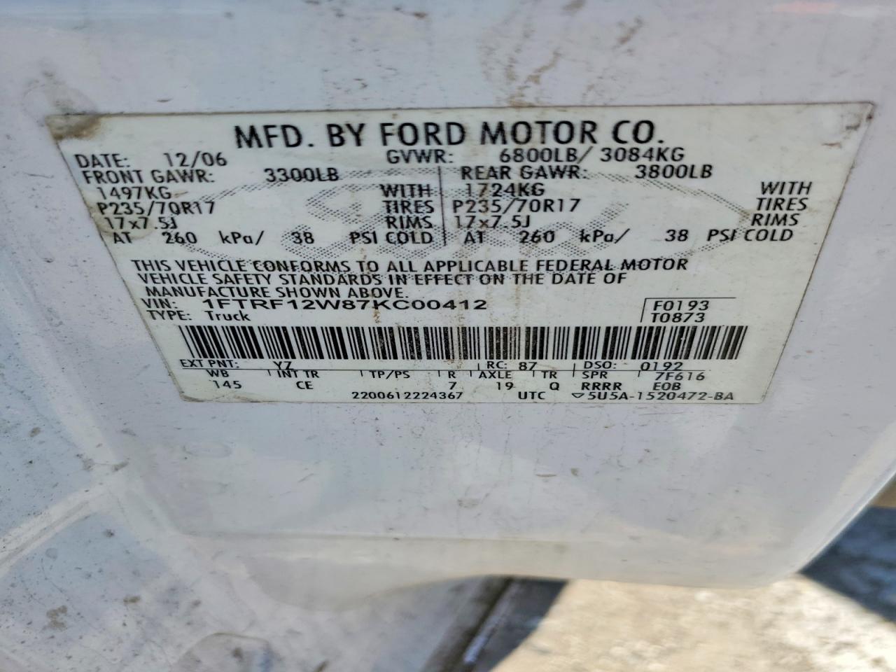 2007 Ford F150 Two Tone vin: 1FTRF12W87KC00412