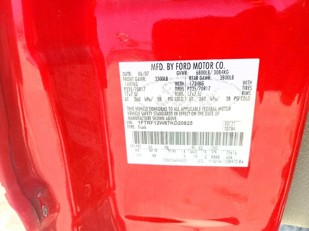 2007 Ford F150 Red vin: 1FTRF12W87KD20825