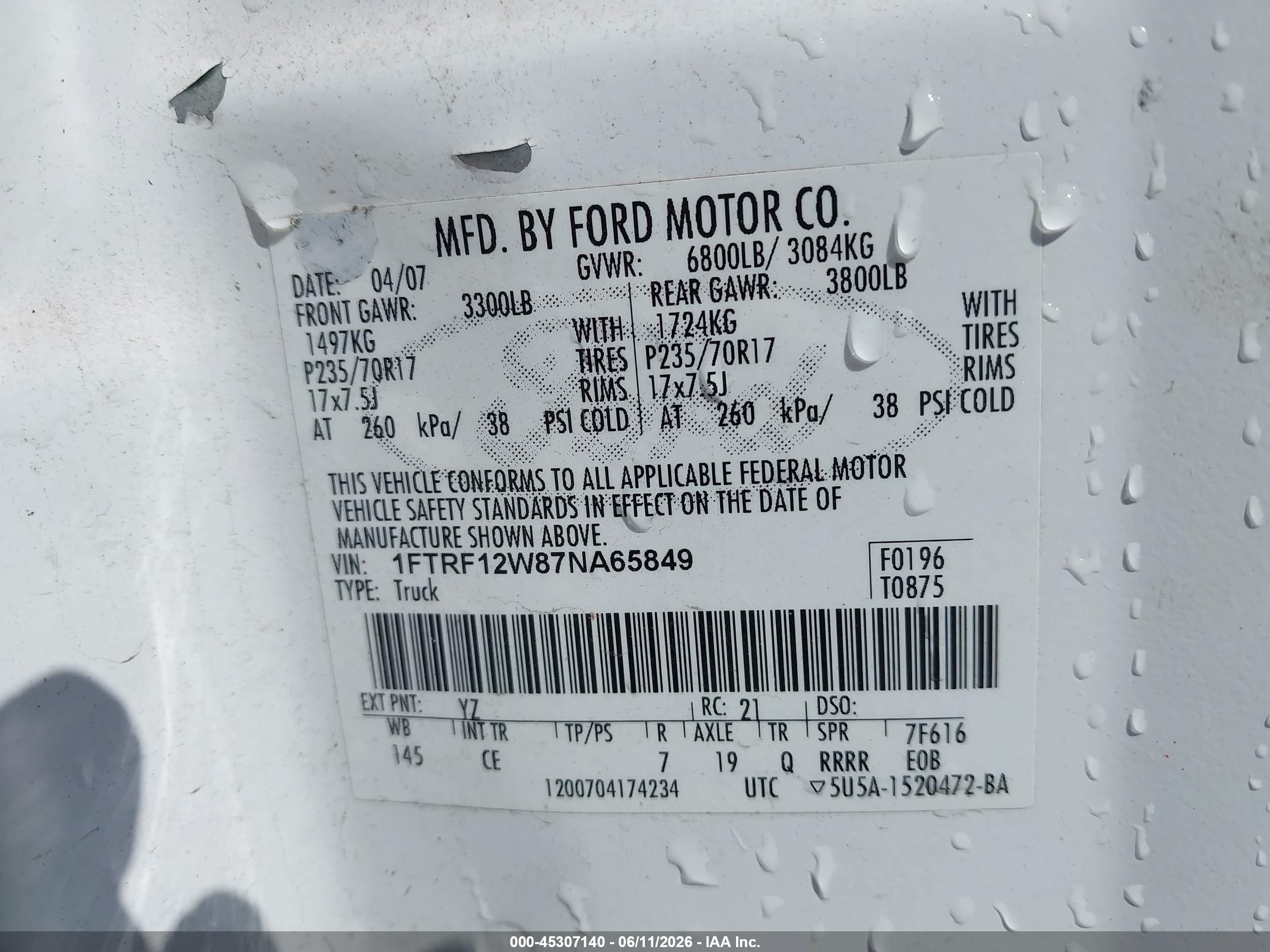 2007 Ford F-150 Stx/xl/xlt White vin: 1FTRF12W87NA65849