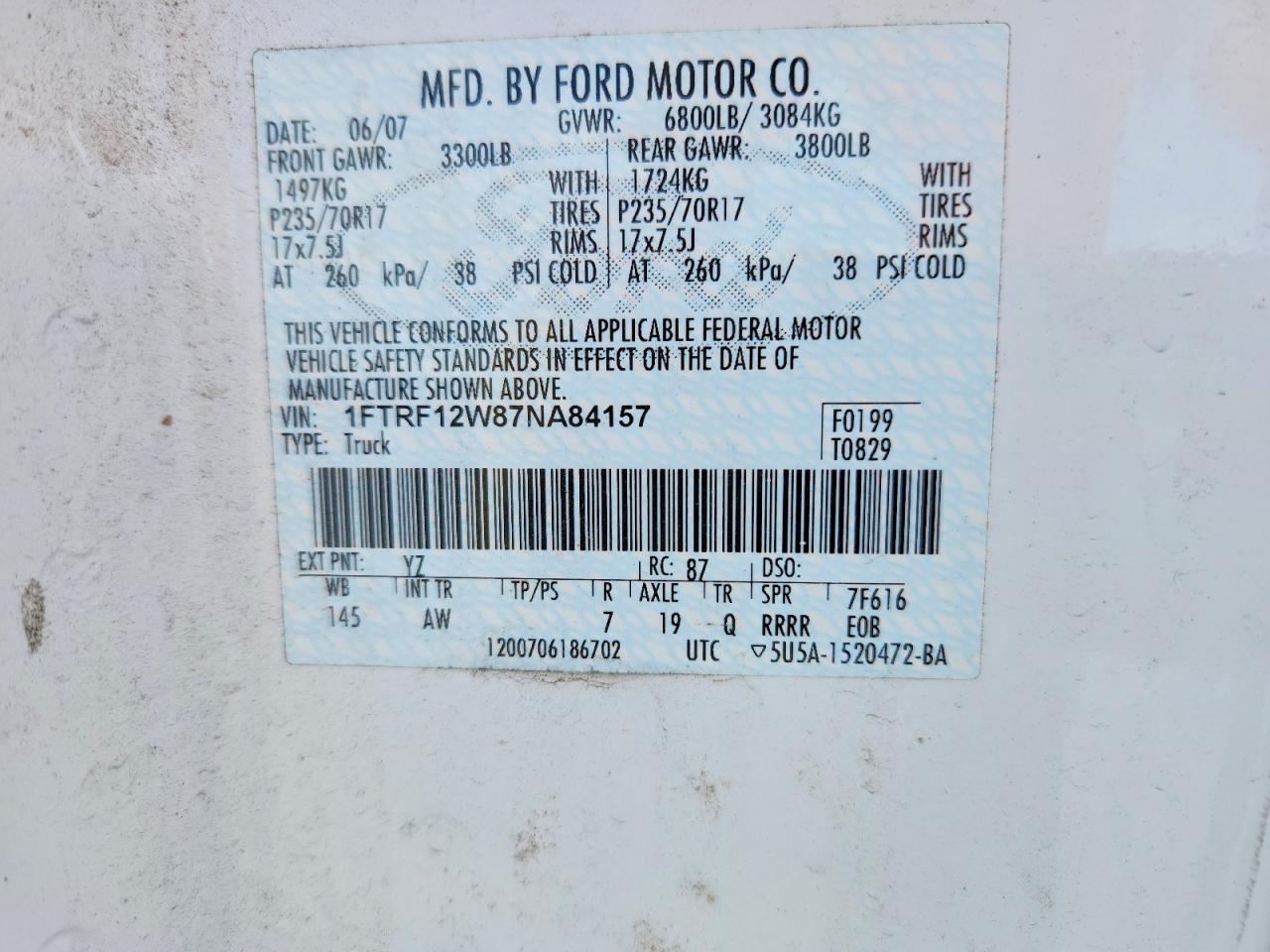 2007 Ford F150 White vin: 1FTRF12W87NA84157