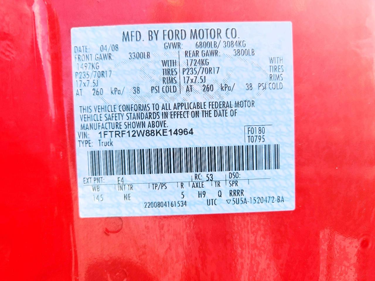 2008 Ford F150 Red vin: 1FTRF12W88KE14964