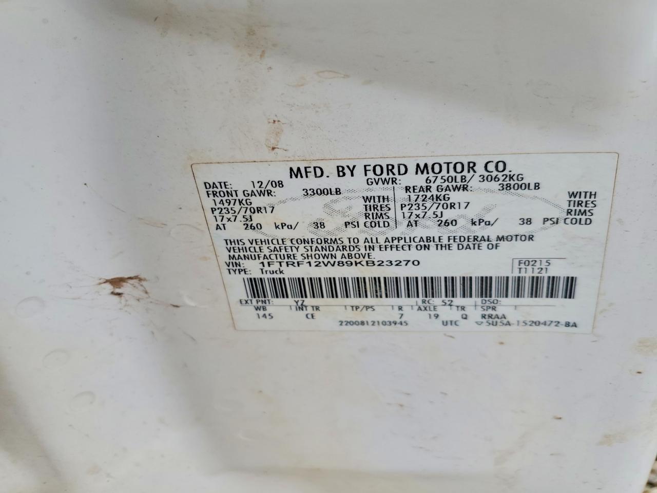 2009 Ford F150 White vin: 1FTRF12W89KB23270