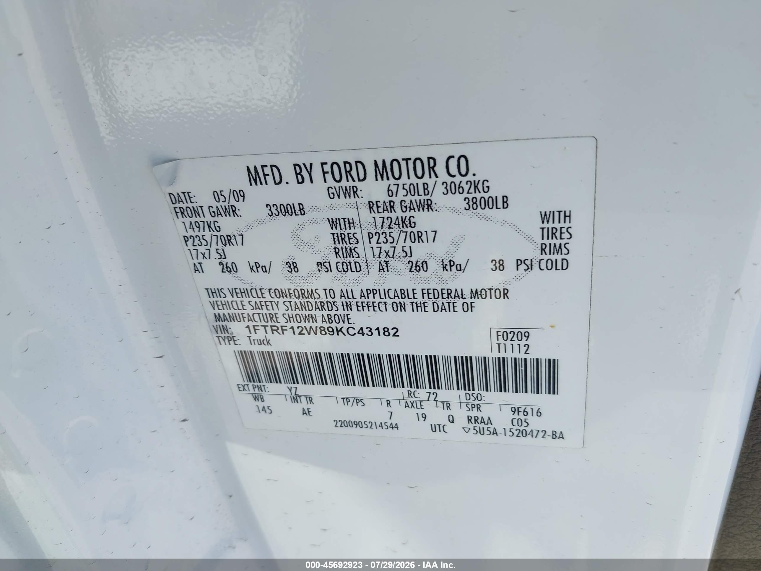 2009 Ford F-150 Stx/xl/xl W/midbox Prep/xlt/xlt W/midbox Prep White vin: 1FTRF12W89KC43182