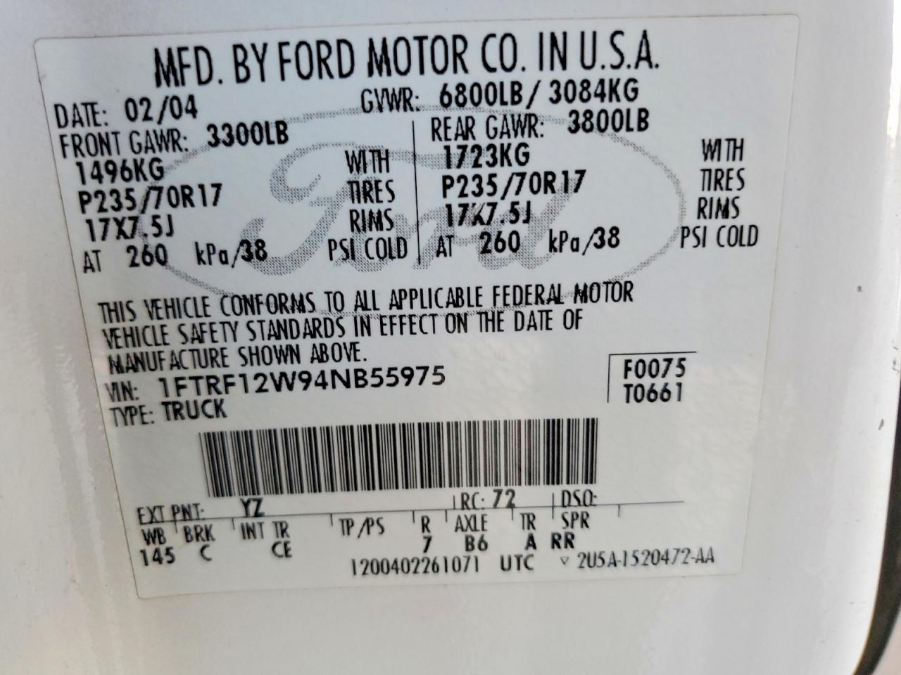2004 Ford F150 White vin: 1FTRF12W94NB55975