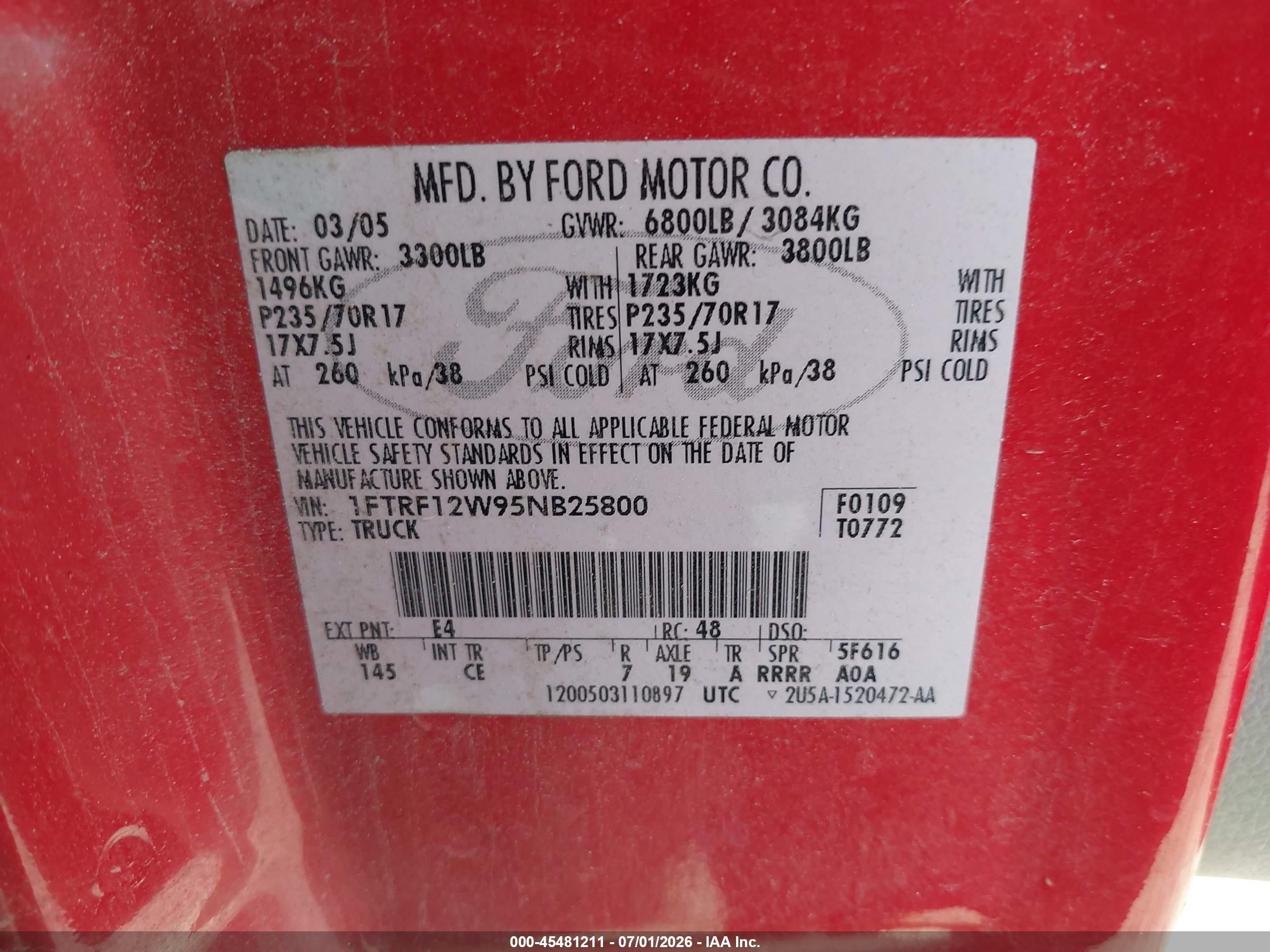 2005 Ford F-150 Stx/xl/xlt Red vin: 1FTRF12W95NB25800