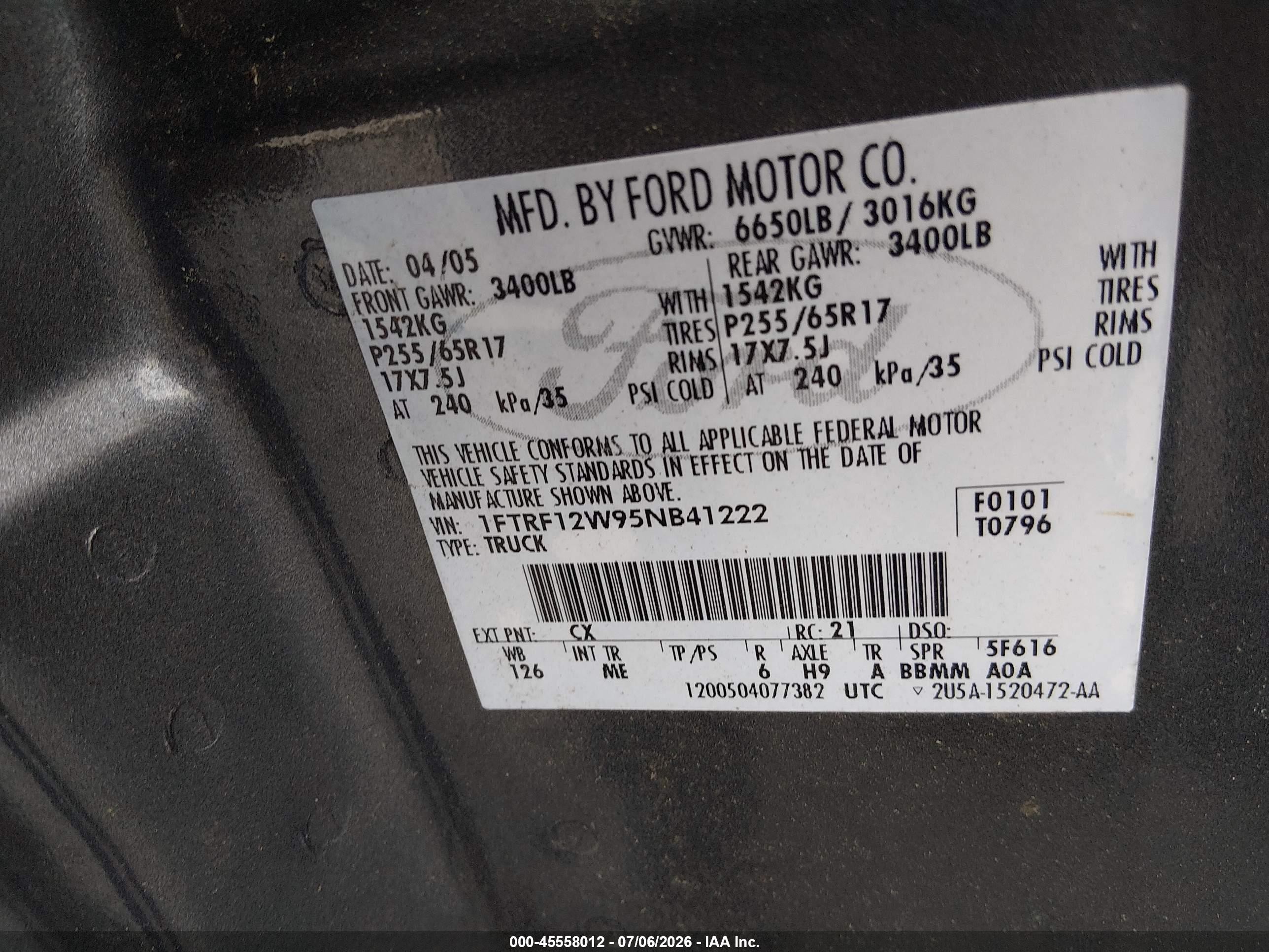 2005 Ford F-150 Stx/xl/xlt Gray vin: 1FTRF12W95NB41222