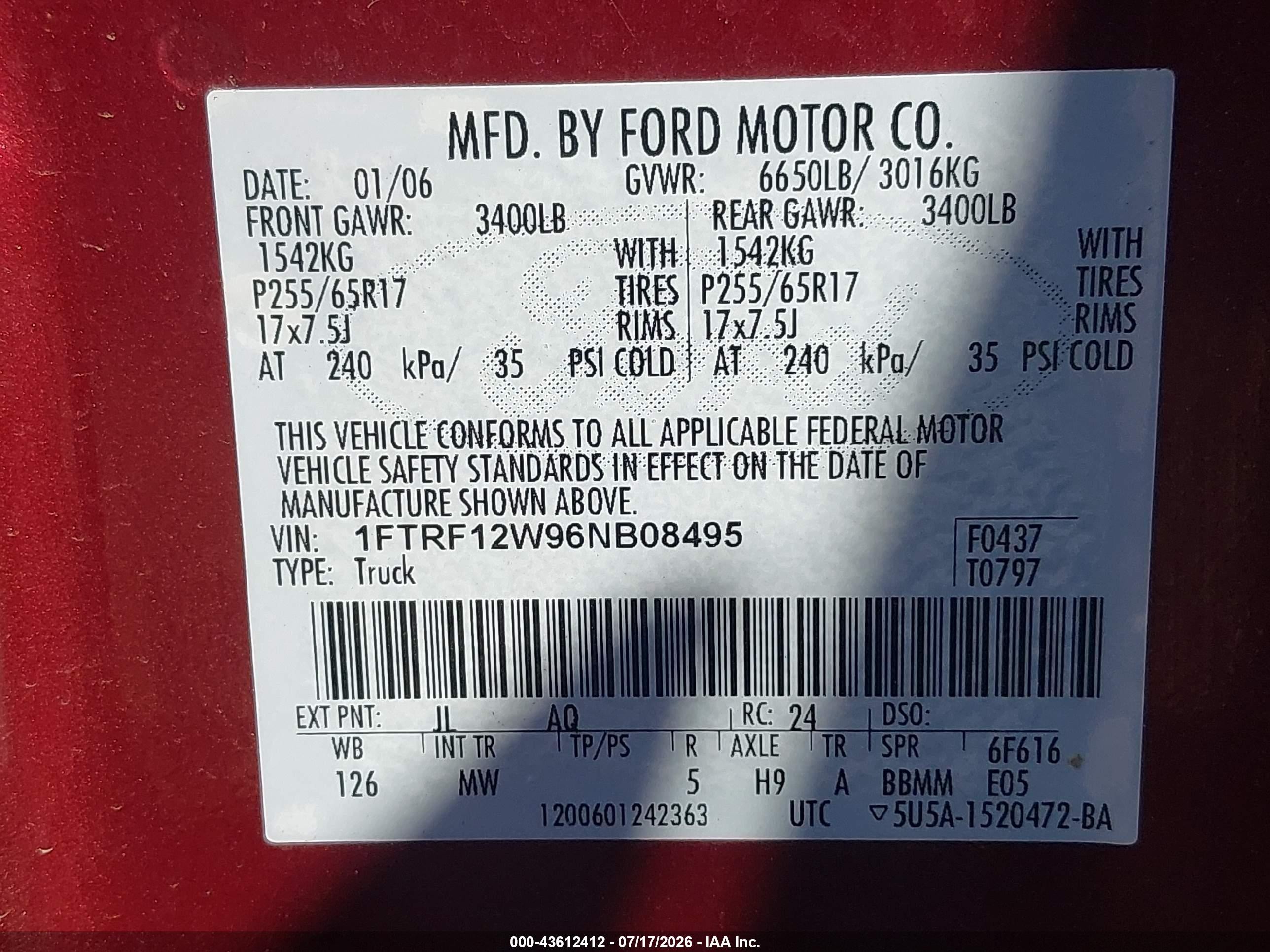 2006 Ford F-150 Stx/xl/xlt Бордовый vin: 1FTRF12W96NB08495