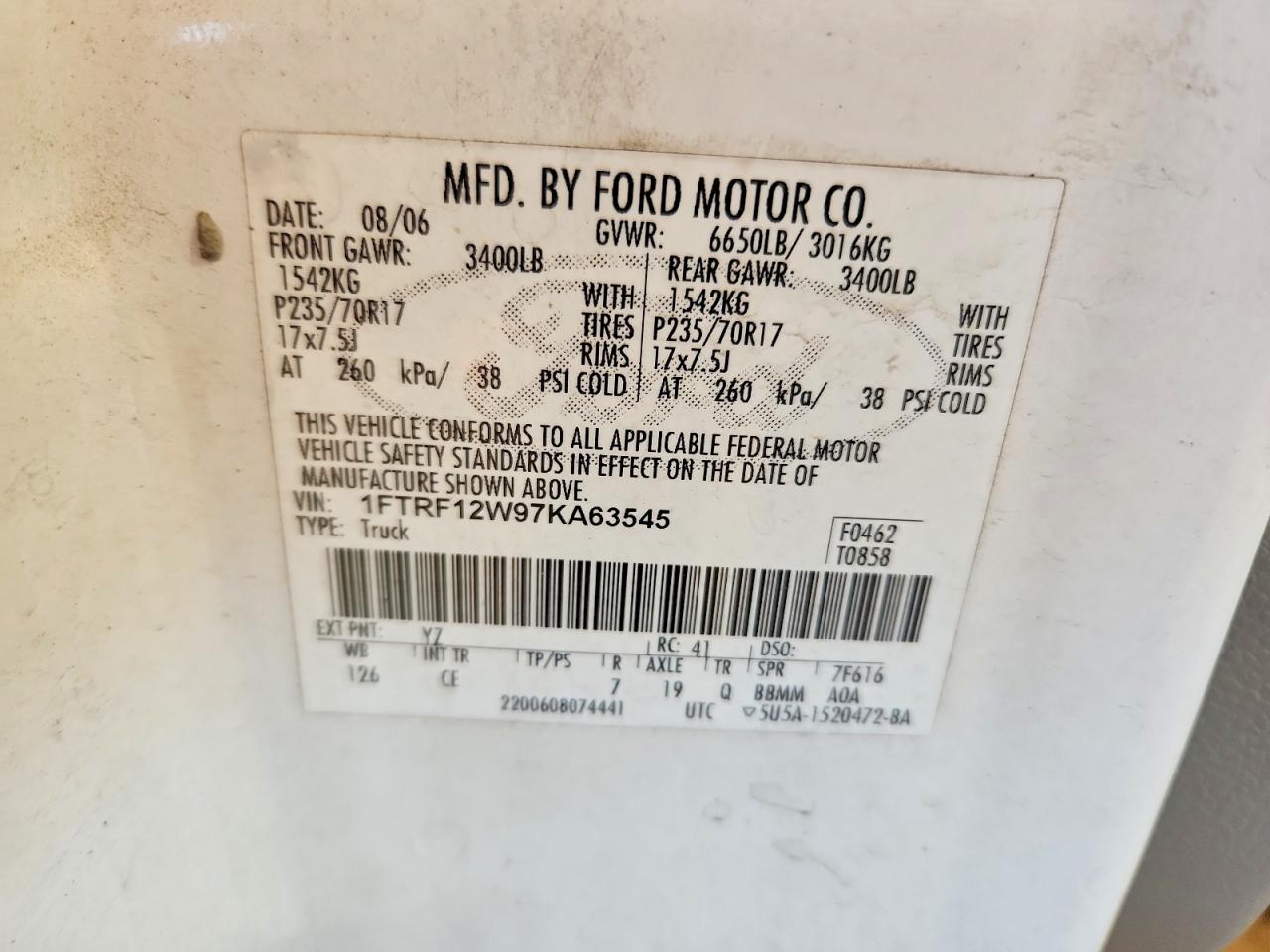 2007 Ford F150 White vin: 1FTRF12W97KA63545