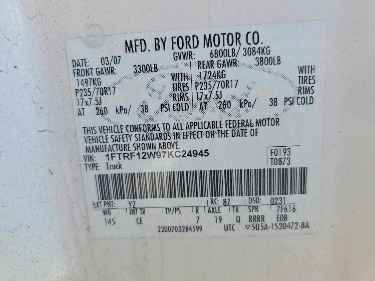 2007 Ford F150 White vin: 1FTRF12W97KC24945