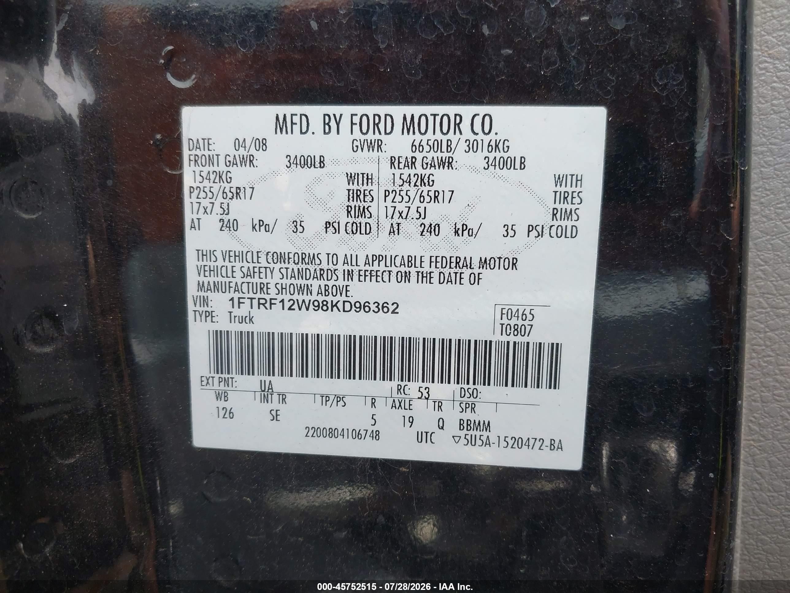 2008 Ford F-150 Fx2/stx/xl/xlt Black vin: 1FTRF12W98KD96362