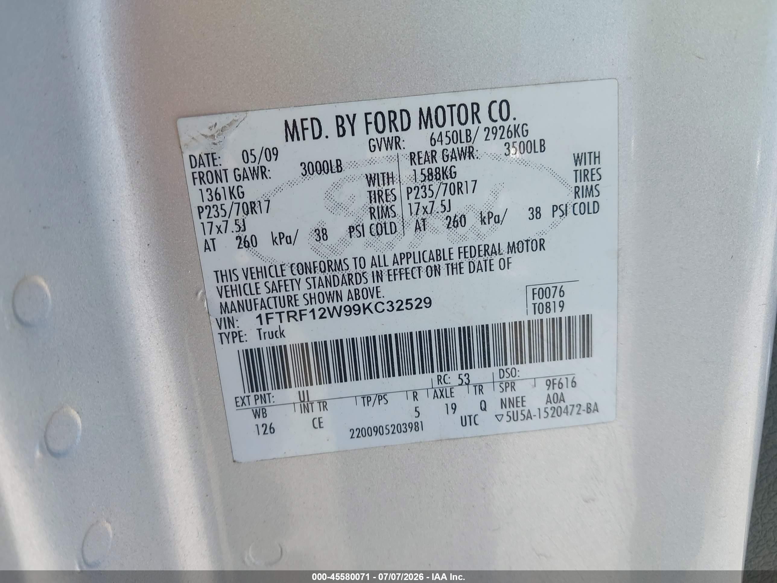 2009 Ford F-150 Stx/xl/xl W/midbox Prep/xlt/xlt W/midbox Prep Silver vin: 1FTRF12W99KC32529