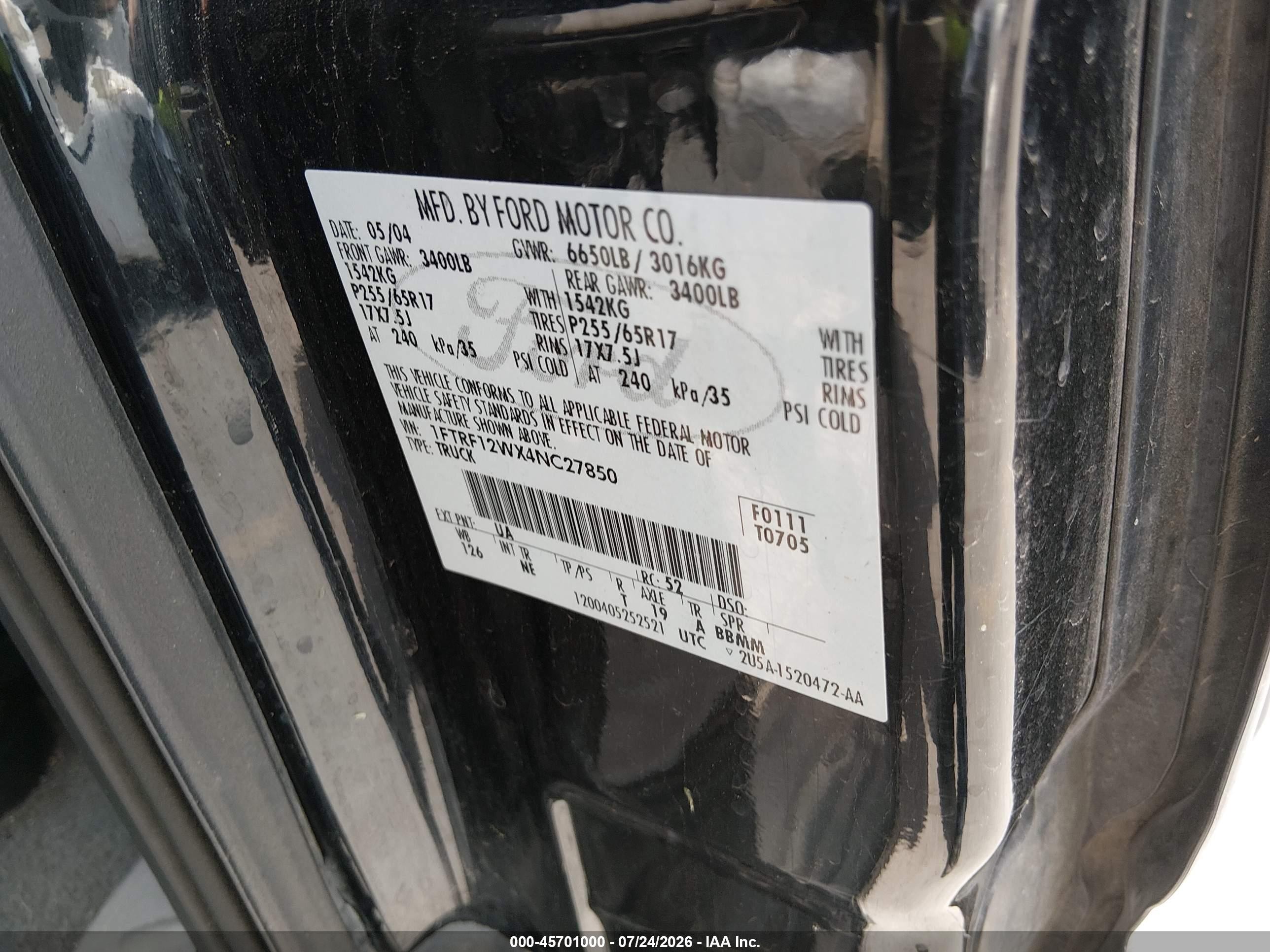 2004 Ford F-150 Stx/xl/xlt Черный vin: 1FTRF12WX4NC27850