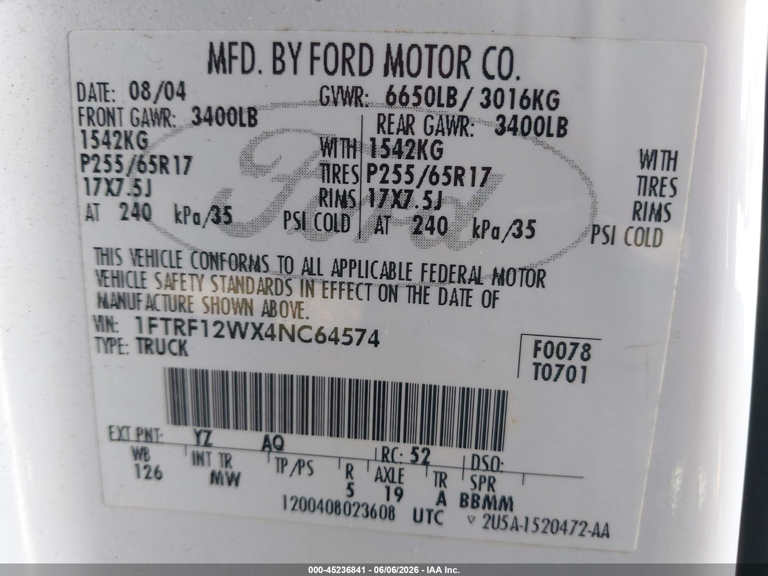 2004 Ford F-150 Stx/xl/xlt White vin: 1FTRF12WX4NC64574