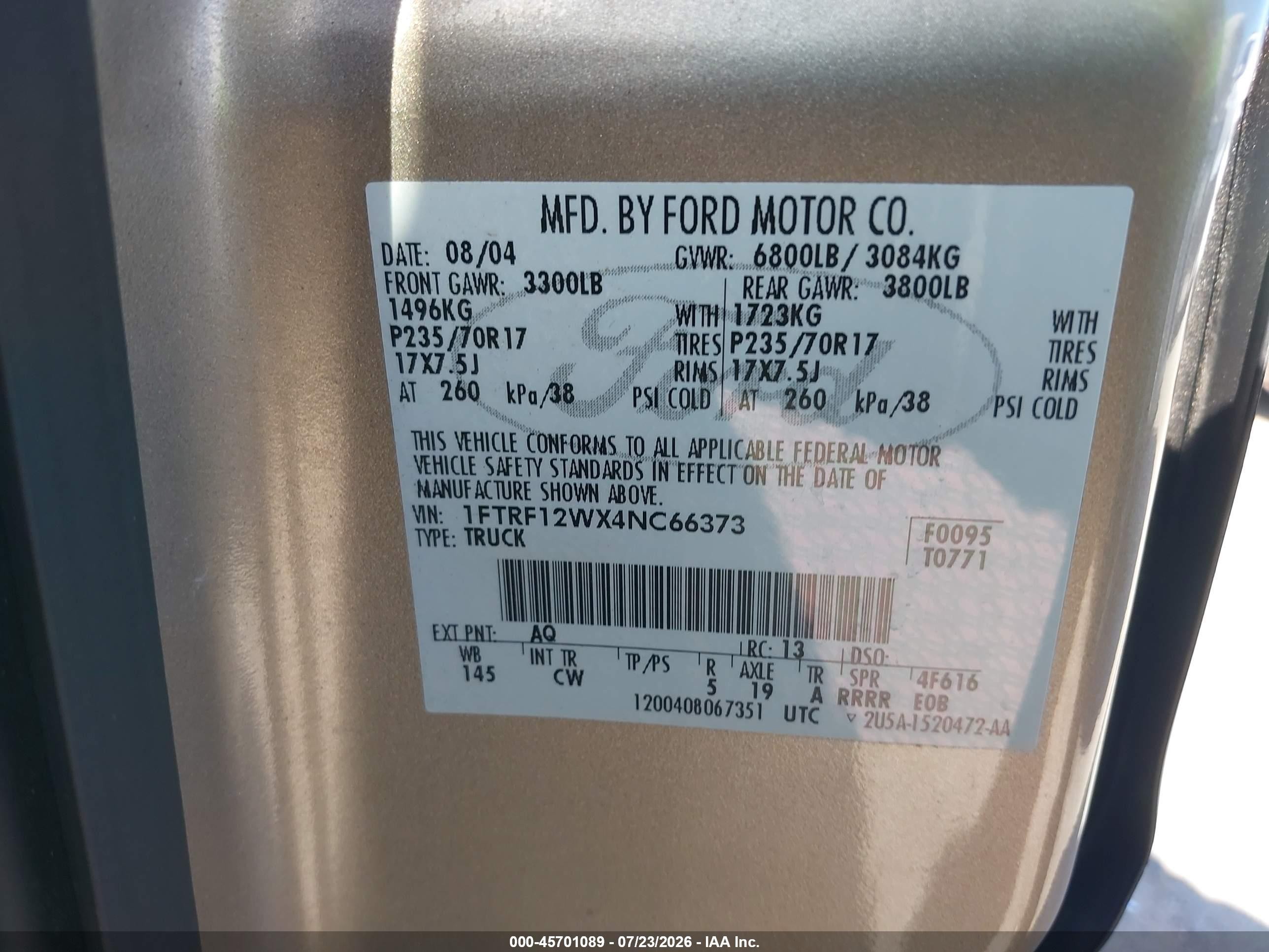 2004 Ford F-150 Stx/xl/xlt Champagne vin: 1FTRF12WX4NC66373