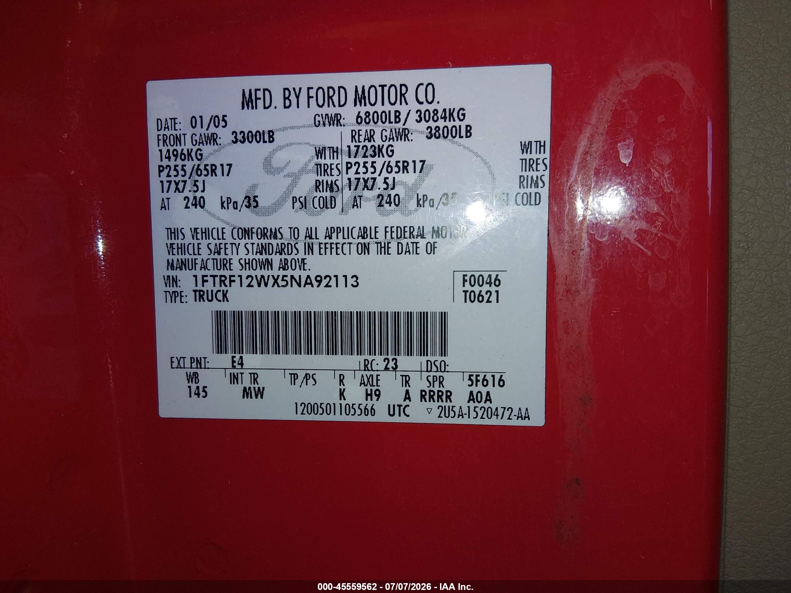 2005 Ford F-150 Stx/xl/xlt Red vin: 1FTRF12WX5NA92113