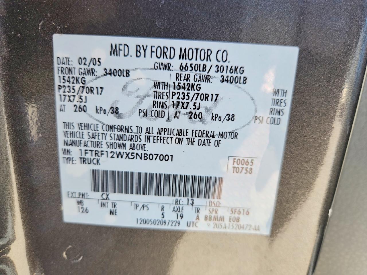 2005 Ford F150 Gray vin: 1FTRF12WX5NB07001