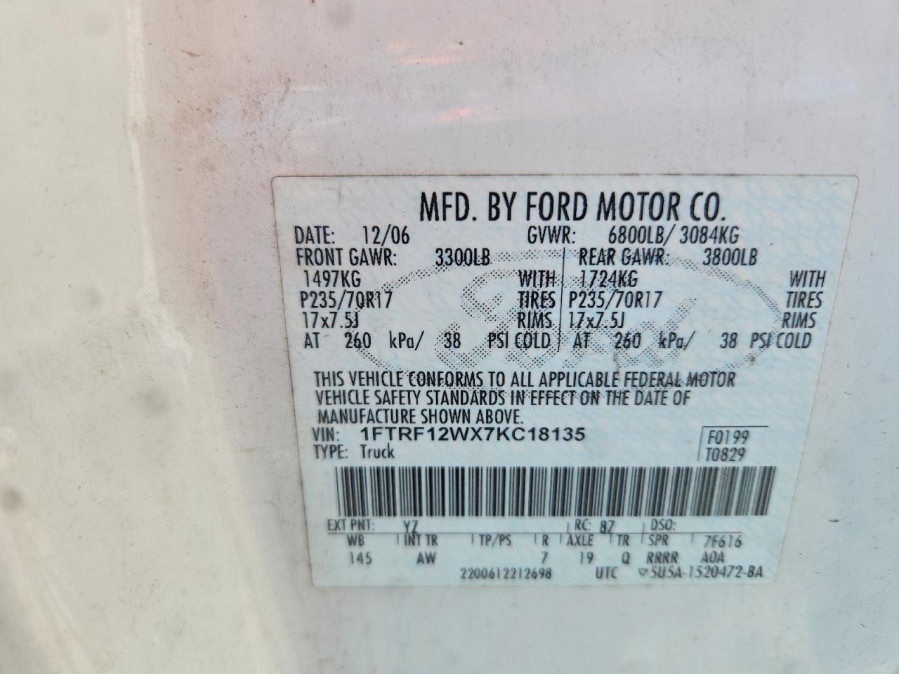 2007 Ford F150 White vin: 1FTRF12WX7KC18135