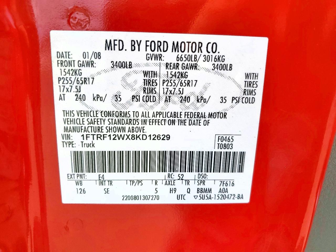 2008 Ford F150 Красный vin: 1FTRF12WX8KD12629