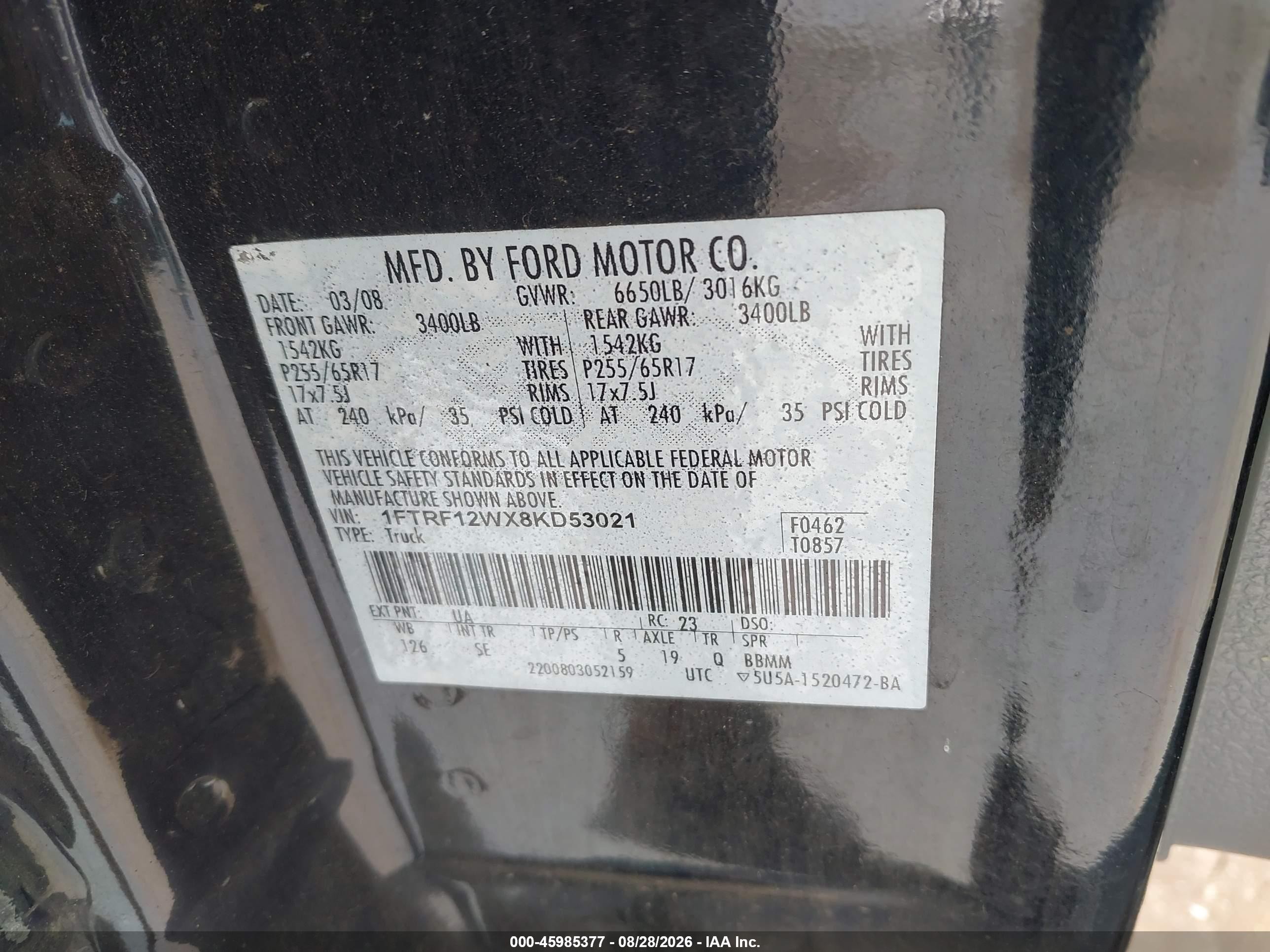 2008 Ford F-150 Fx2/stx/xl/xlt Black vin: 1FTRF12WX8KD53021
