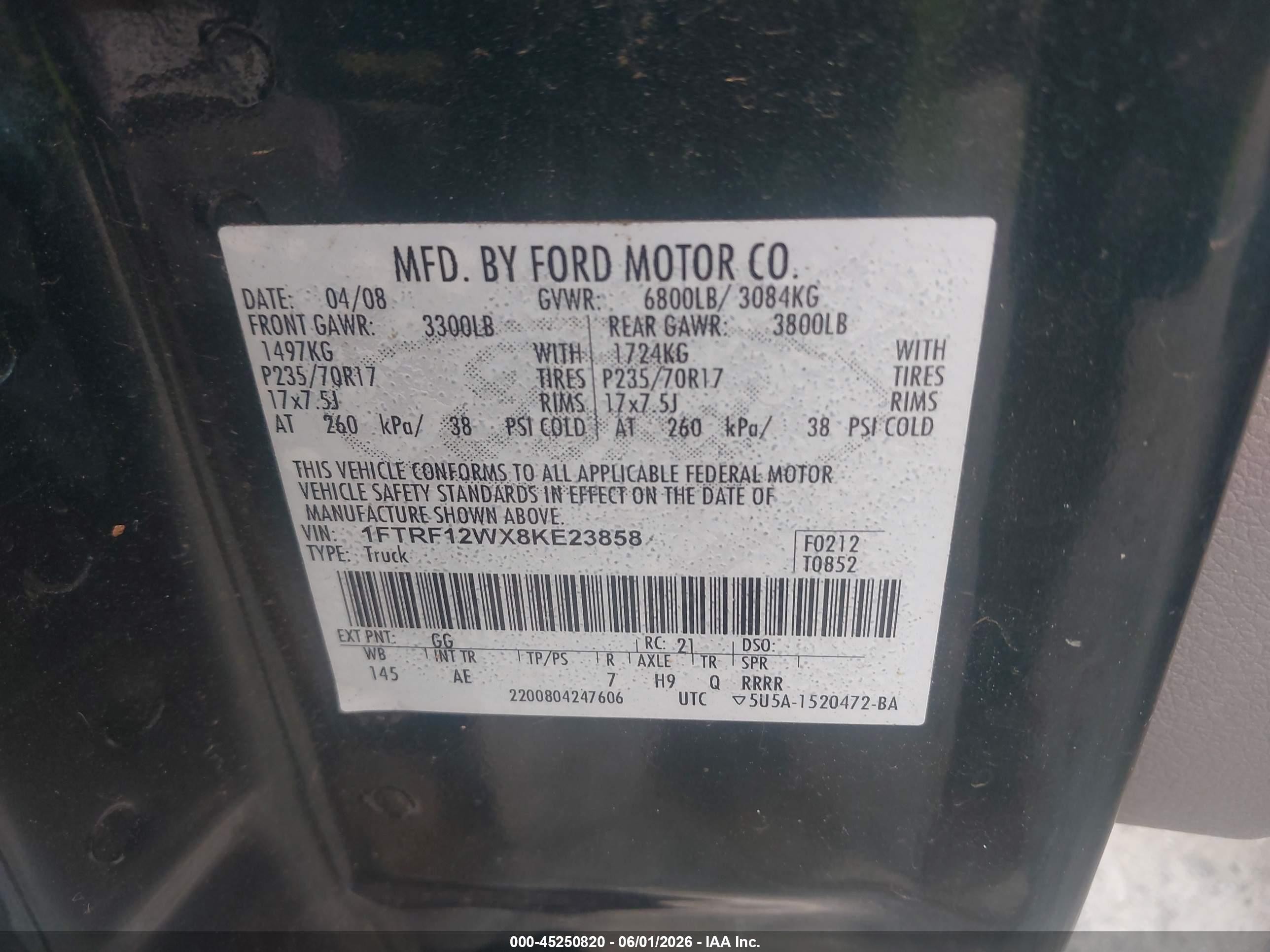 2008 Ford F-150 Xl Green vin: 1FTRF12WX8KE23858