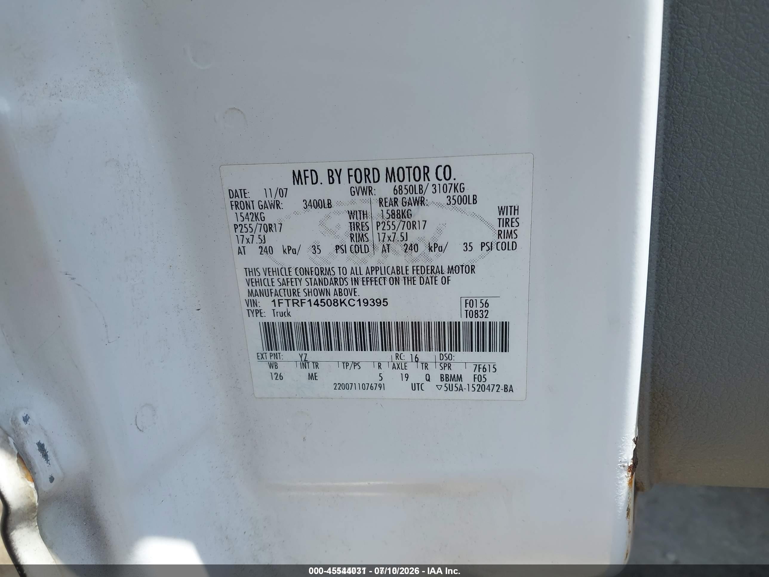 2008 Ford F-150 Fx4/xl/xlt vin: 1FTRF14508KC19395