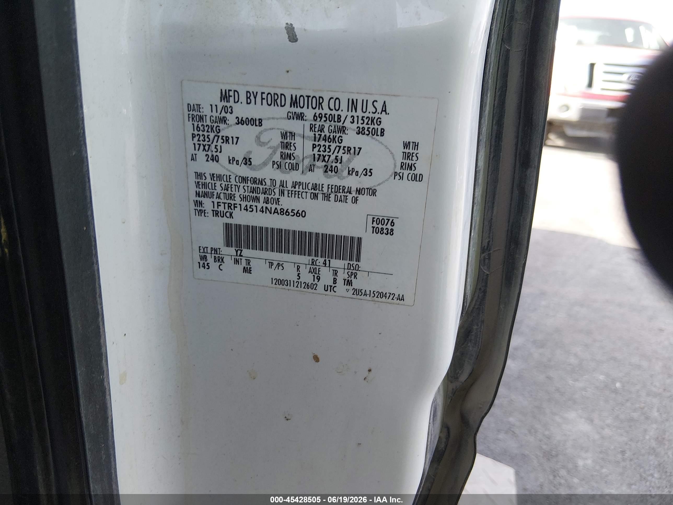 2004 Ford F-150 Fx4/xl/xlt White vin: 1FTRF14514NA86560