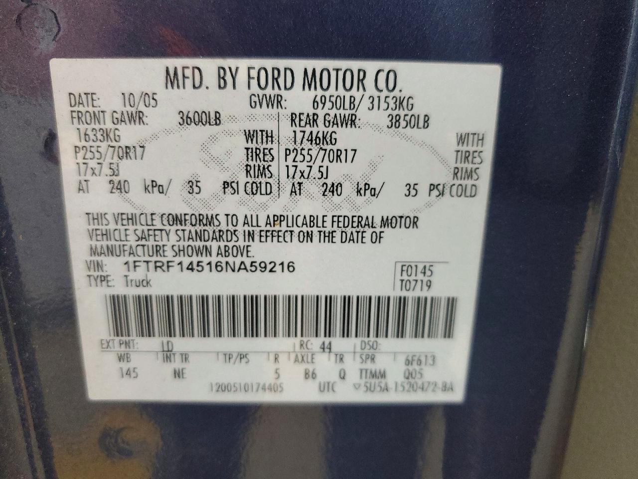 2006 Ford F150 Blue vin: 1FTRF14516NA59216