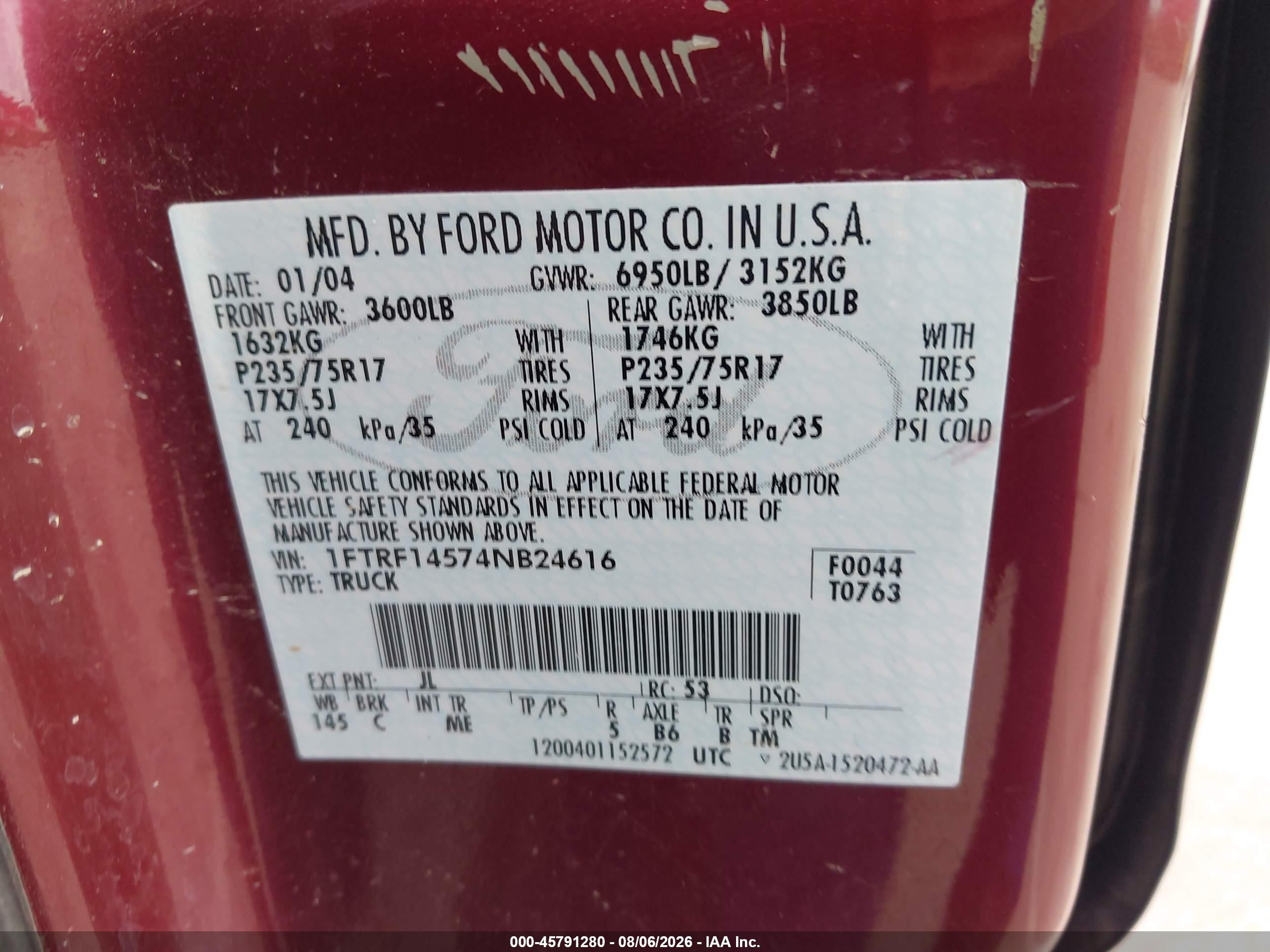 2004 Ford F-150 Fx4/xl/xlt Maroon vin: 1FTRF14574NB24616