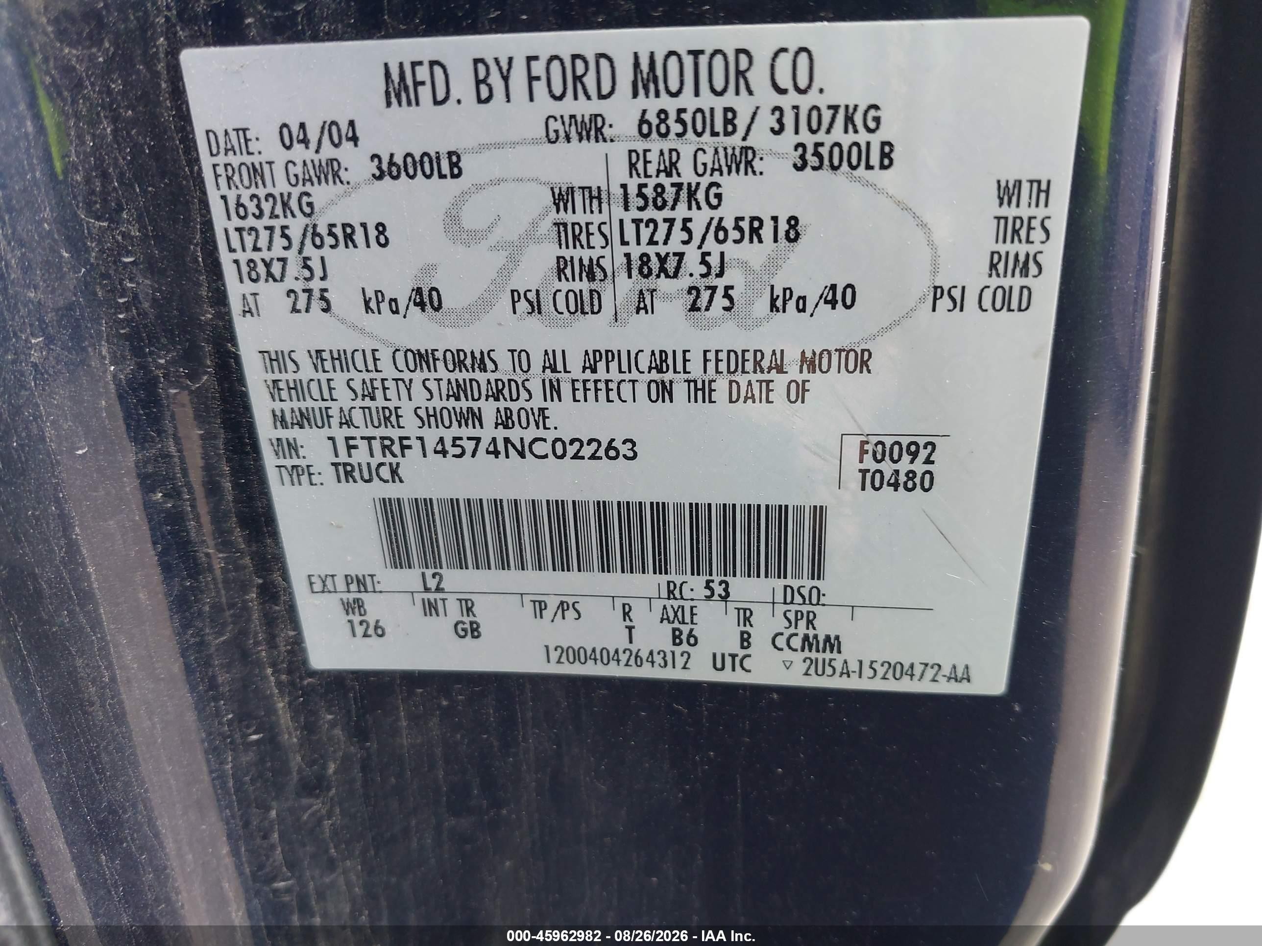 2004 Ford F-150 Fx4/xl/xlt Blue vin: 1FTRF14574NC02263