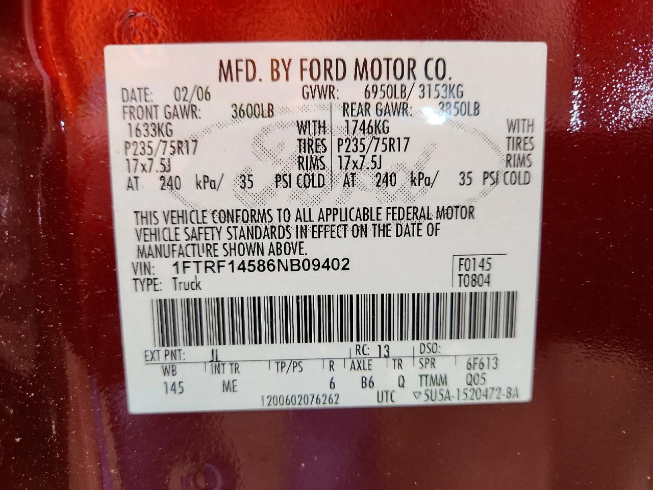 2006 Ford F150 Maroon vin: 1FTRF14586NB09402